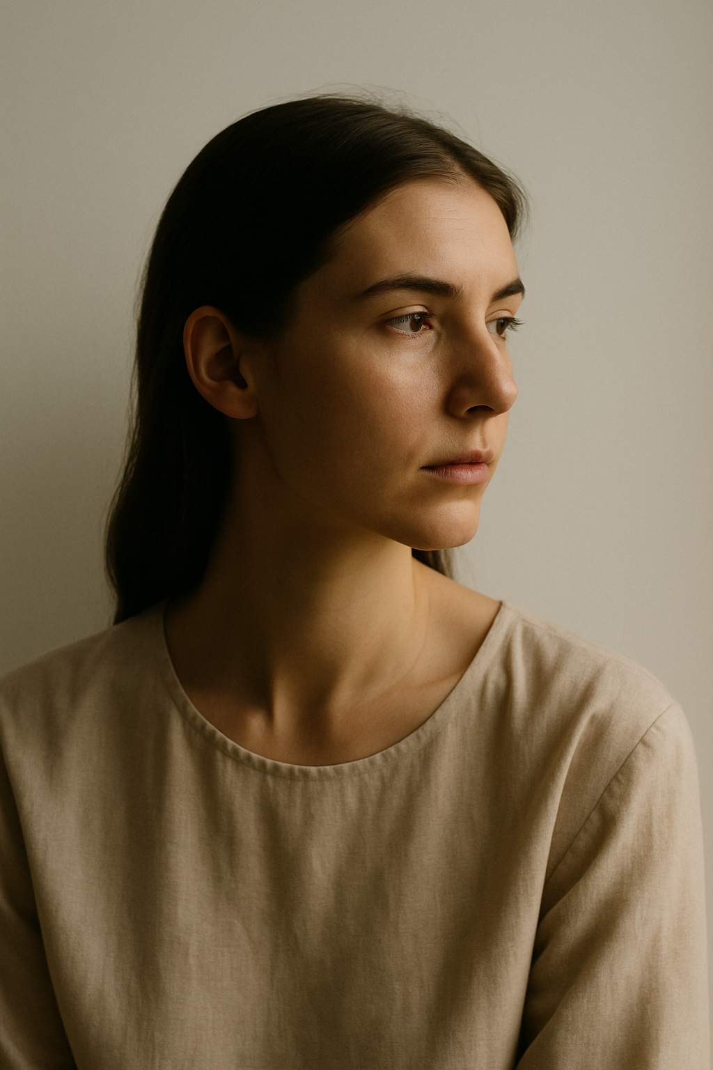Artistic portrait of woman with contemplative expression in natural window light with minimalist background