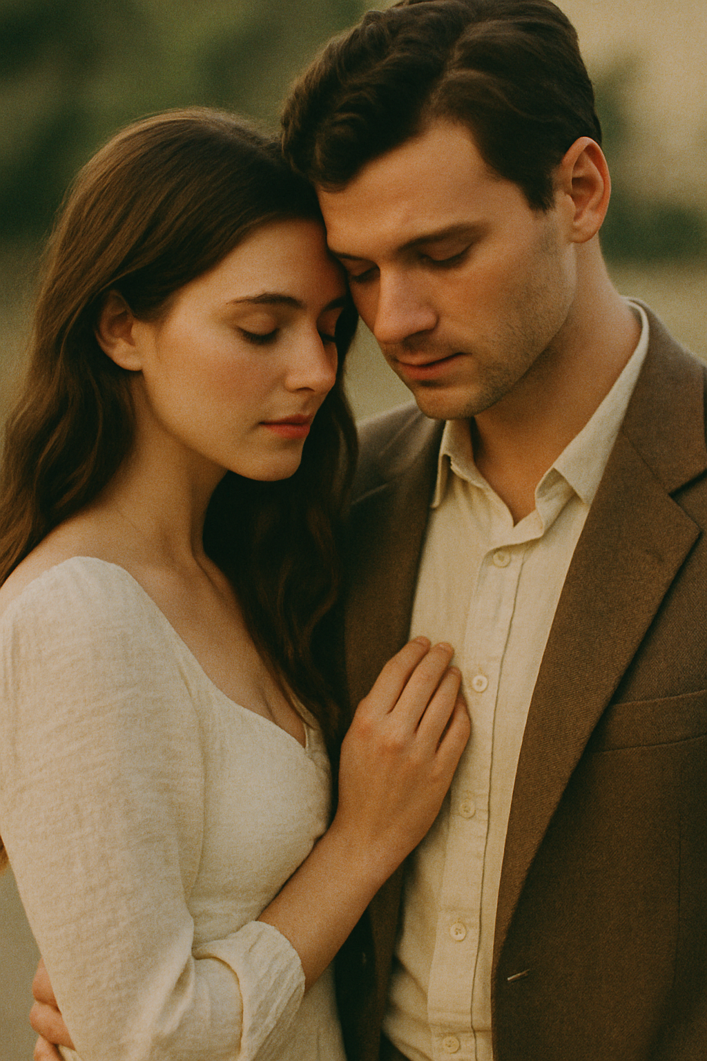 Film photograph of couple in vintage aesthetic with warm film grain, soft focus background