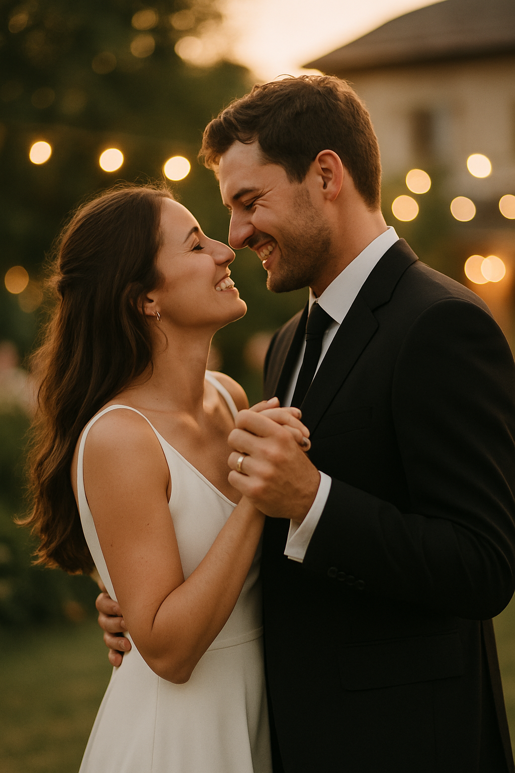 Bride and groom dancing together in golden hour light at outdoor wedding reception