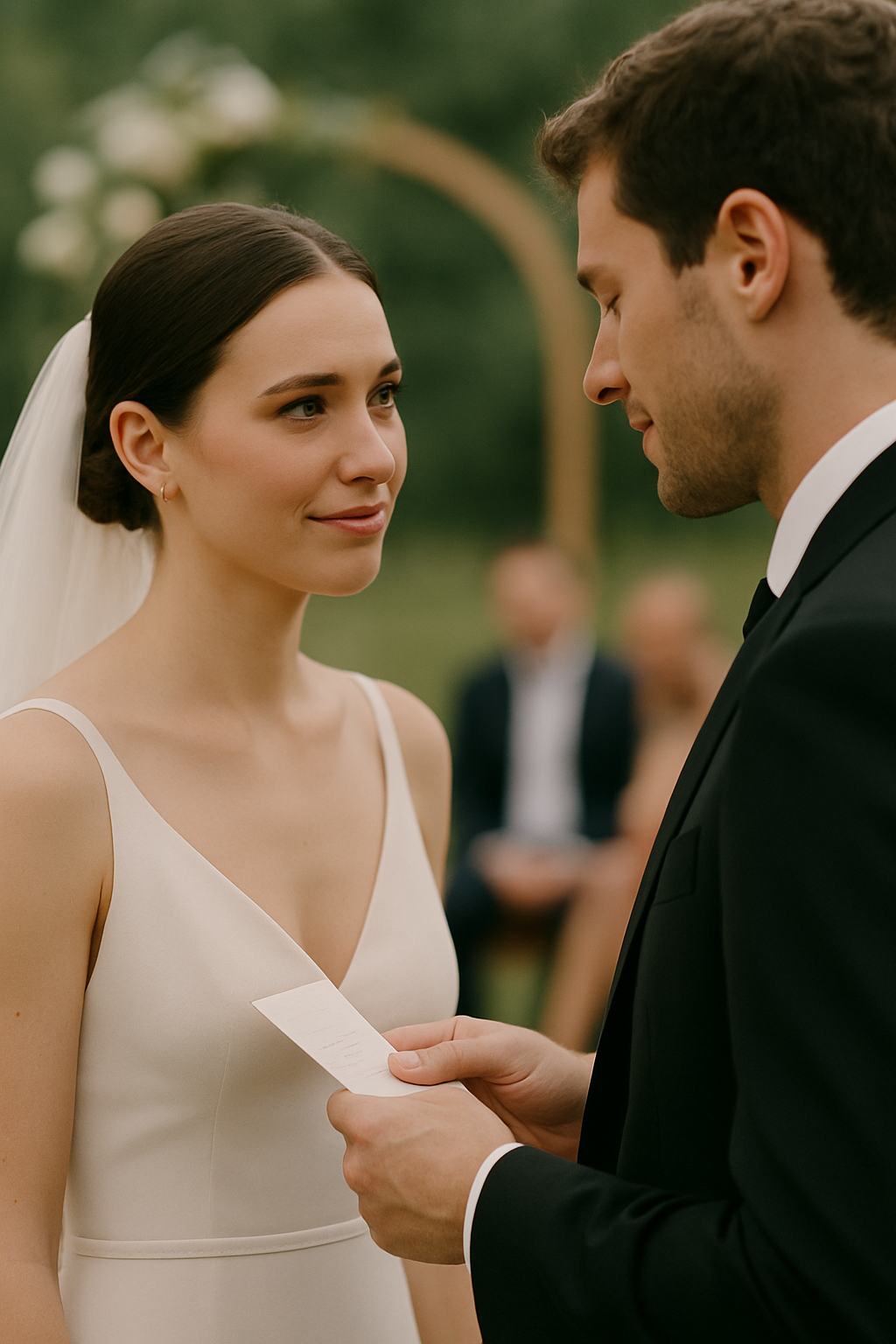 Close-up of bride and groom exchanging vows during outdoor wedding ceremony