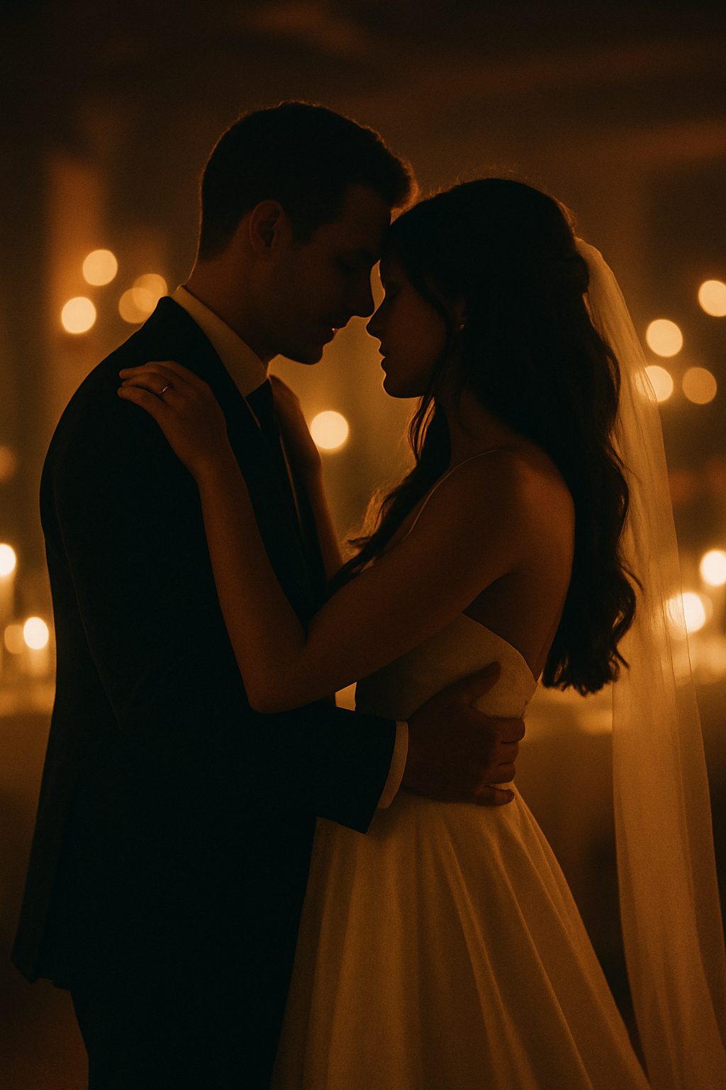 Bride and groom sharing first dance at wedding reception with soft candlelit ambiance
