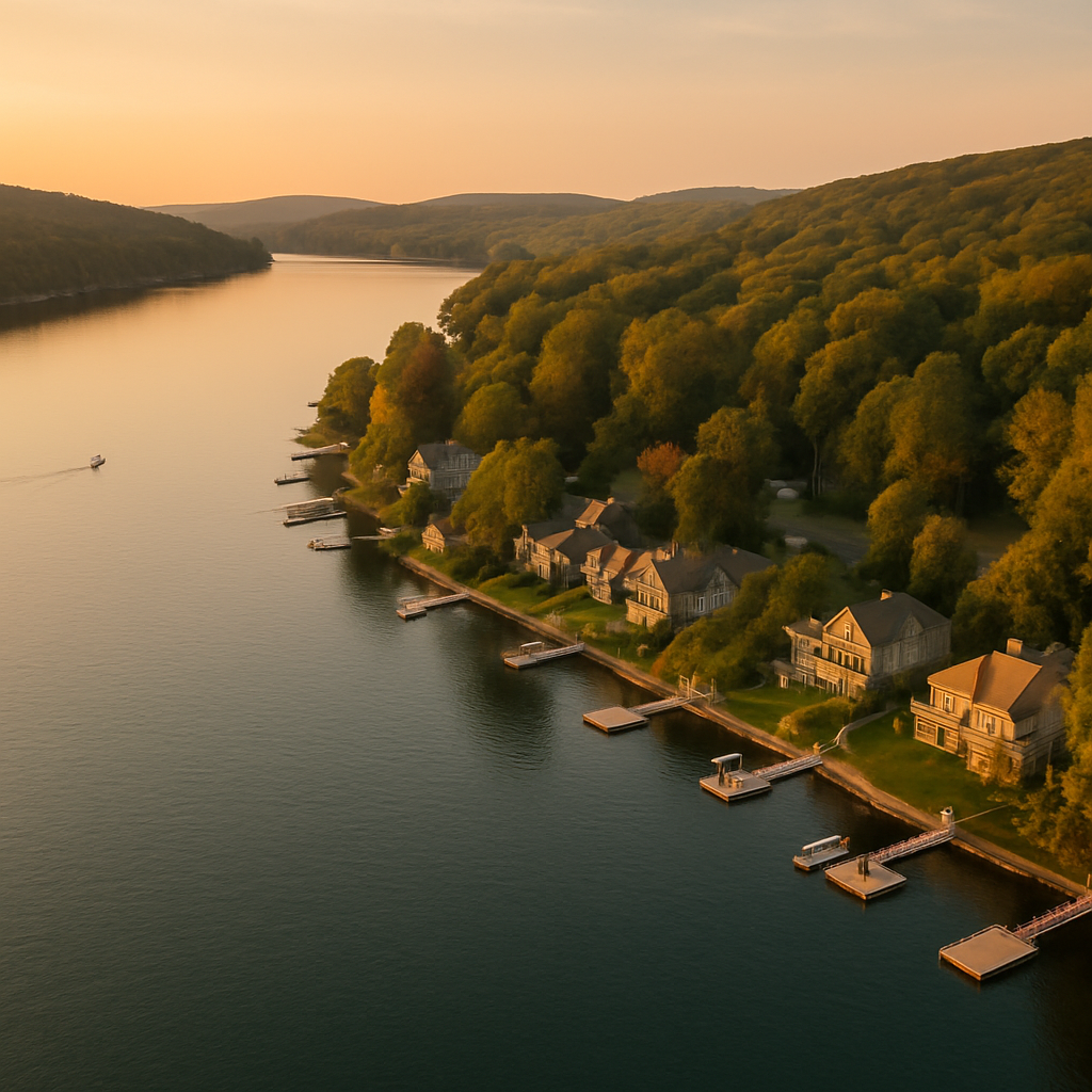Aerial view of Candlewood Lake waterfront homes with boats at private docks and tree-lined shoreline at golden hour