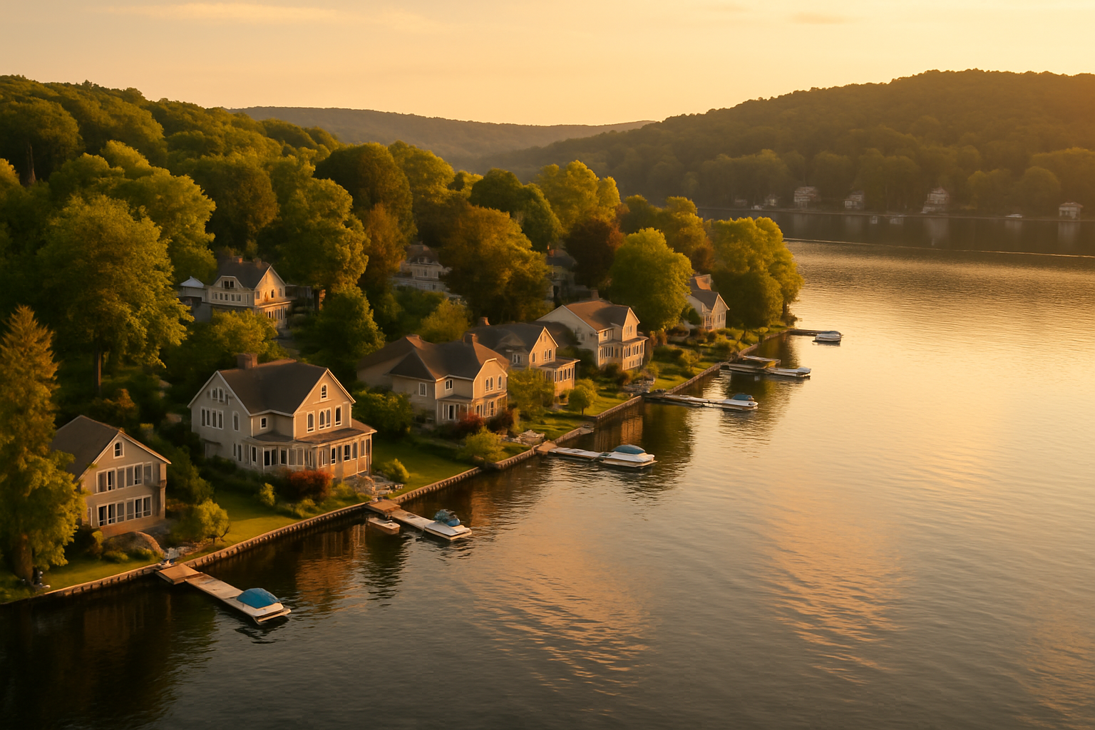 Aerial view of Candlewood Lake waterfront homes with boats at private docks and tree-lined shoreline at golden hour