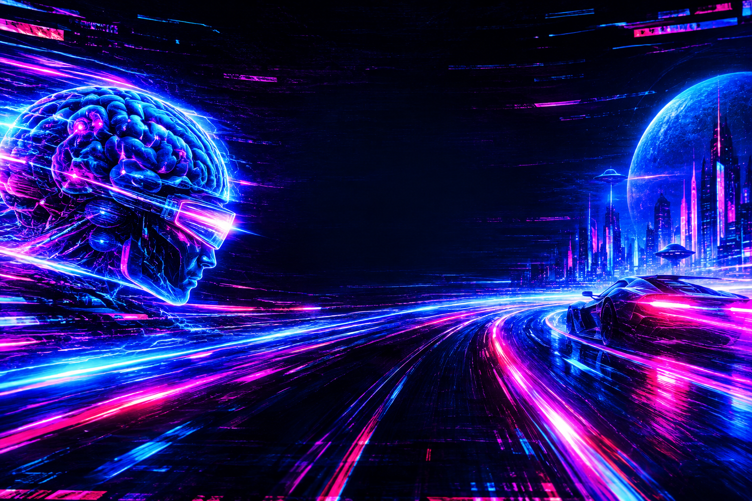 Ultra-wide neon cyberpunk meme launch banner with speed streaks, electric circuitry, and futuristic machine-brain energy in a dark web-punk style