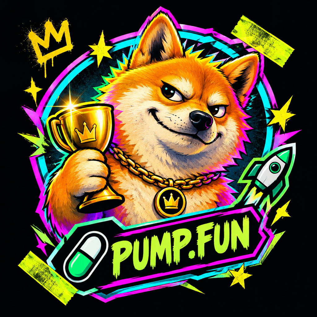 Compact meme-style sticker scene showing a golden cup mascot and Pump.fun route badge in a retro webpunk poster style
