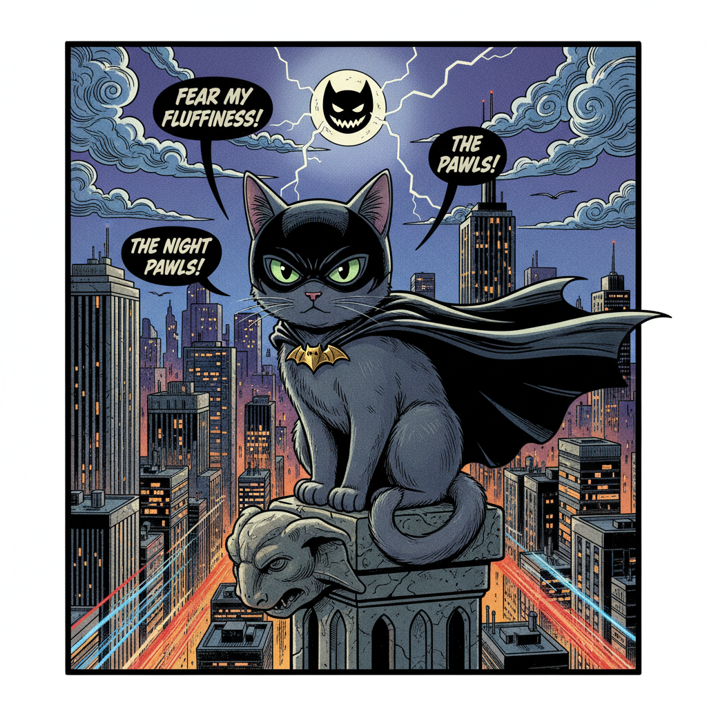Cat in a bat mask and black cape with fierce expression