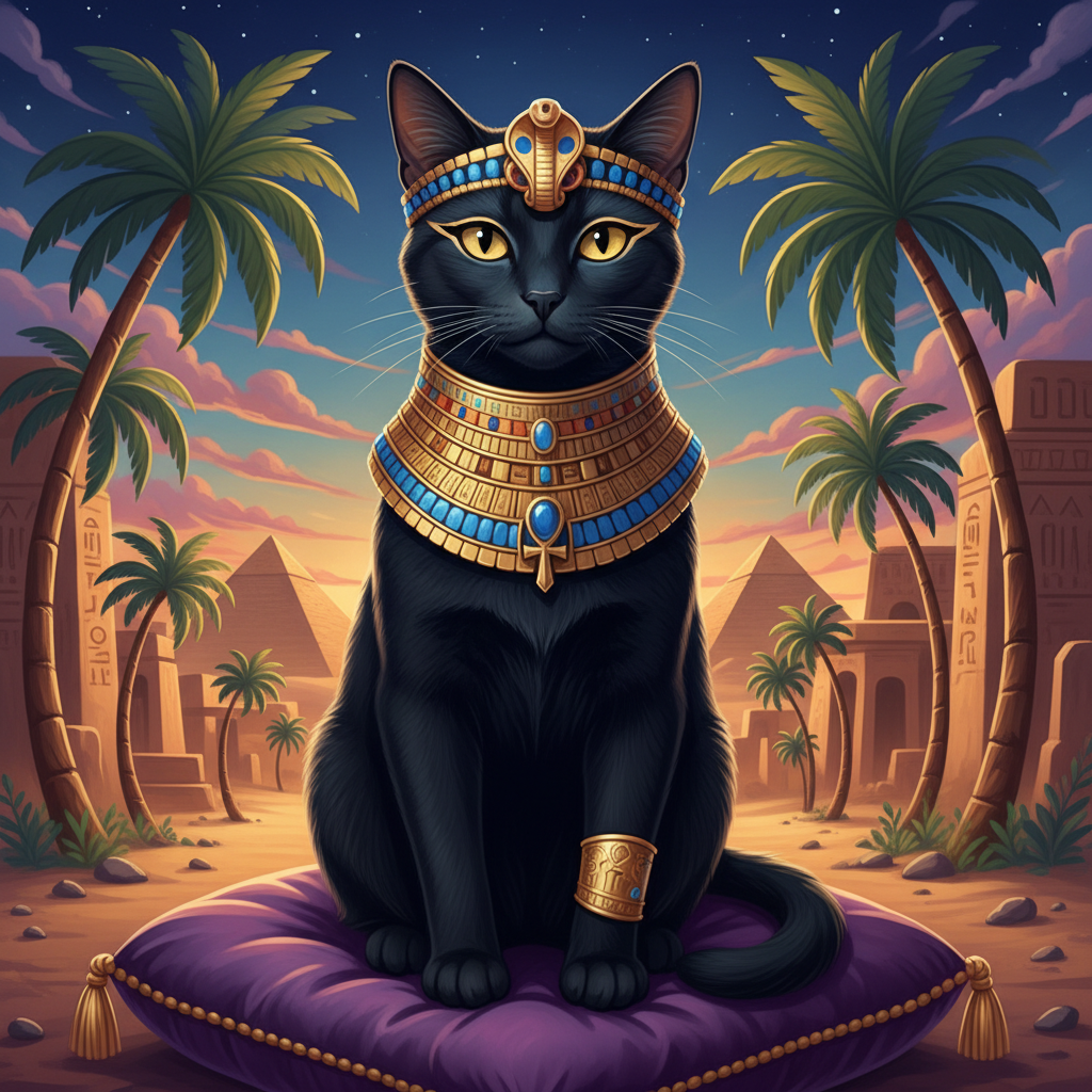 Cat in Cleopatra costume with gold jewelry and dramatic eyeliner