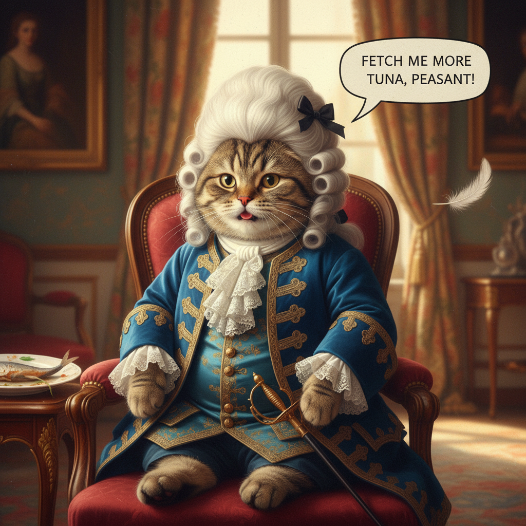 Cat in a historical costume with a powdered wig