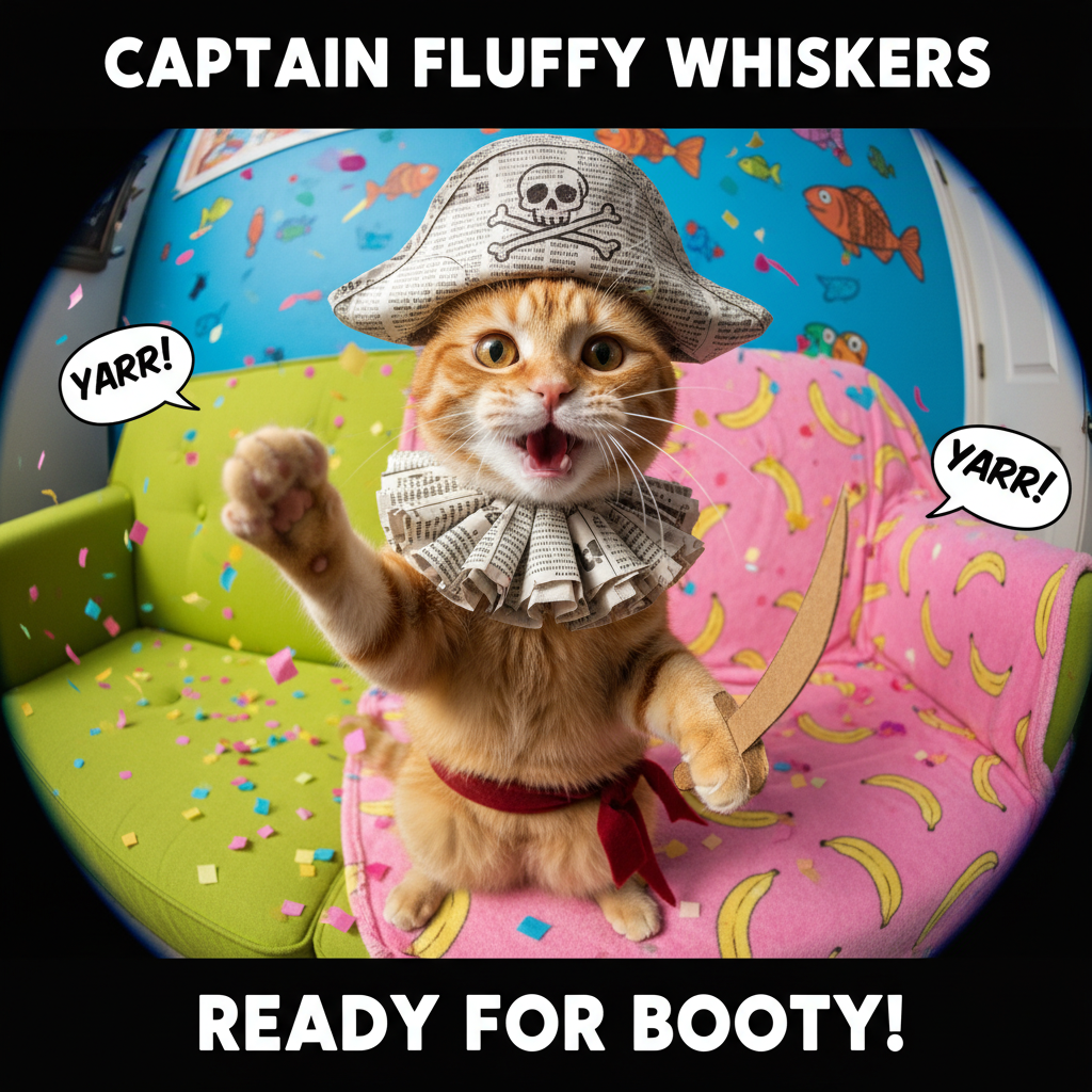 Cat in a silly homemade costume, striking a pose