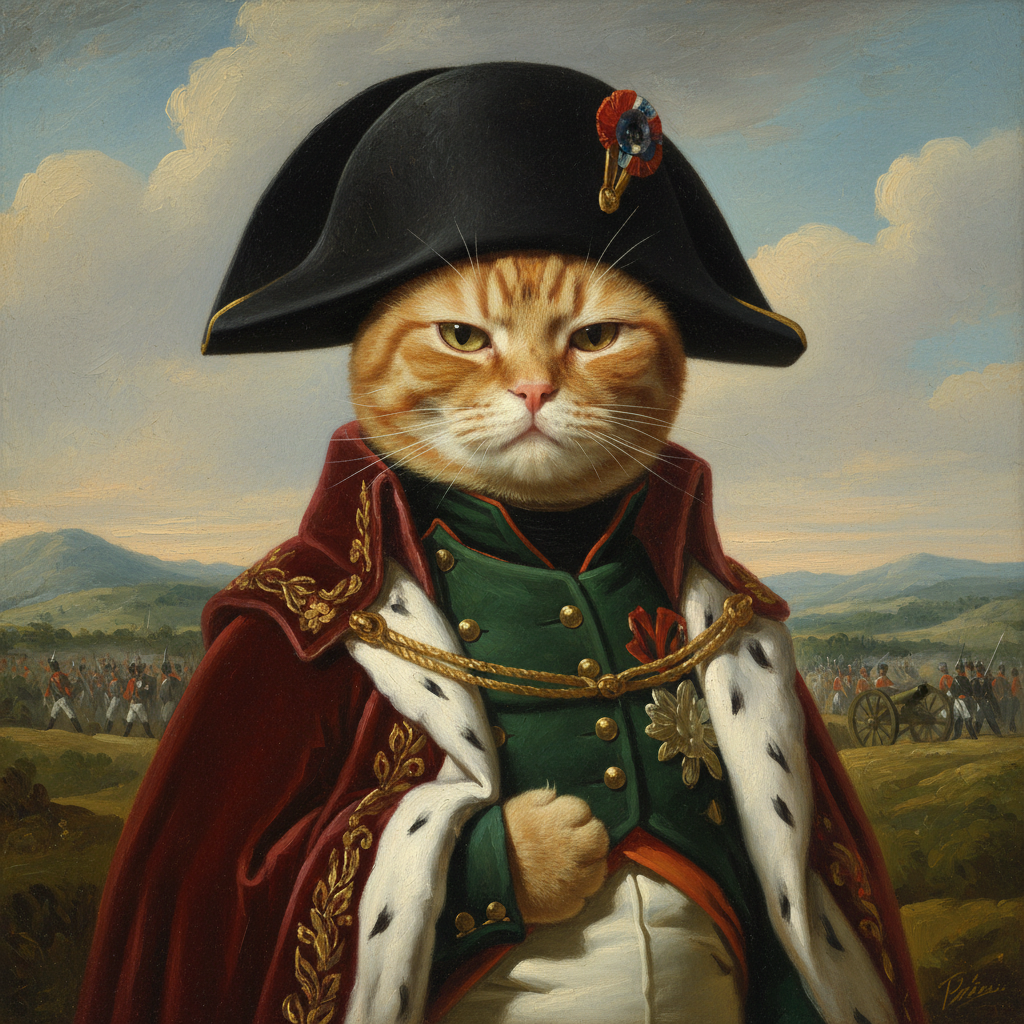 Cat dressed as Napoleon with a tiny hat and regal cloak