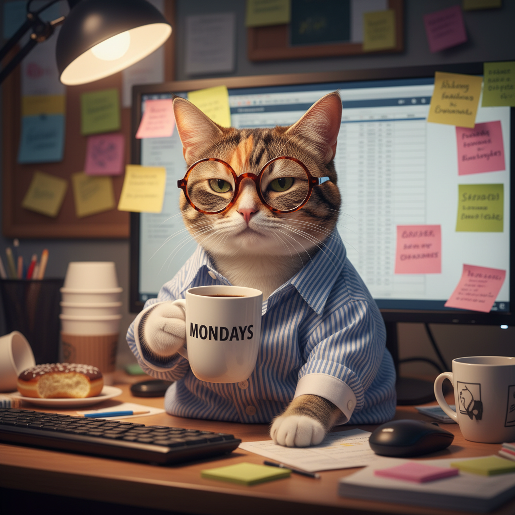 Cat in glasses with a mug, looking tired at the office