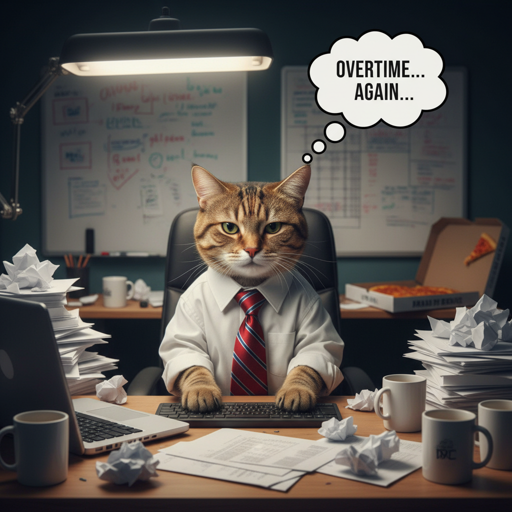 Cat in an office shirt and striped tie sitting at a desk