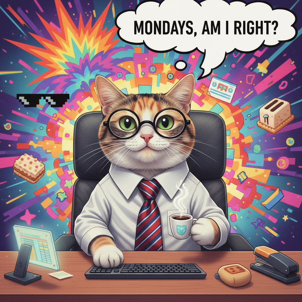Cat in an office shirt, tie, and glasses