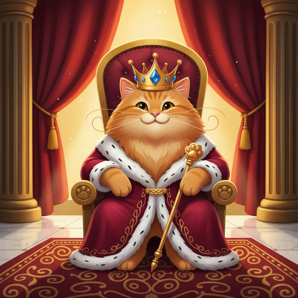 Cat in a royal robe and crown, sitting majestically