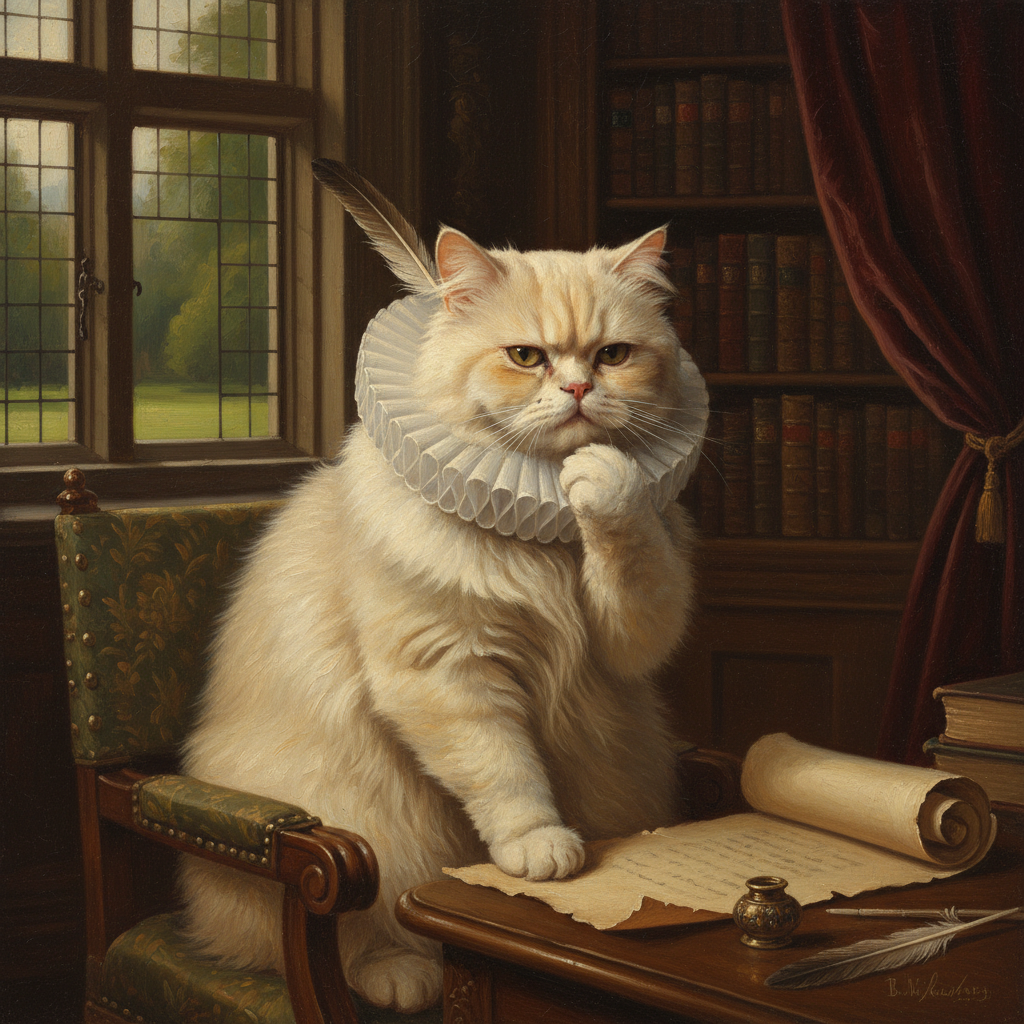 Cat with Shakespearean ruff and quill behind the ear