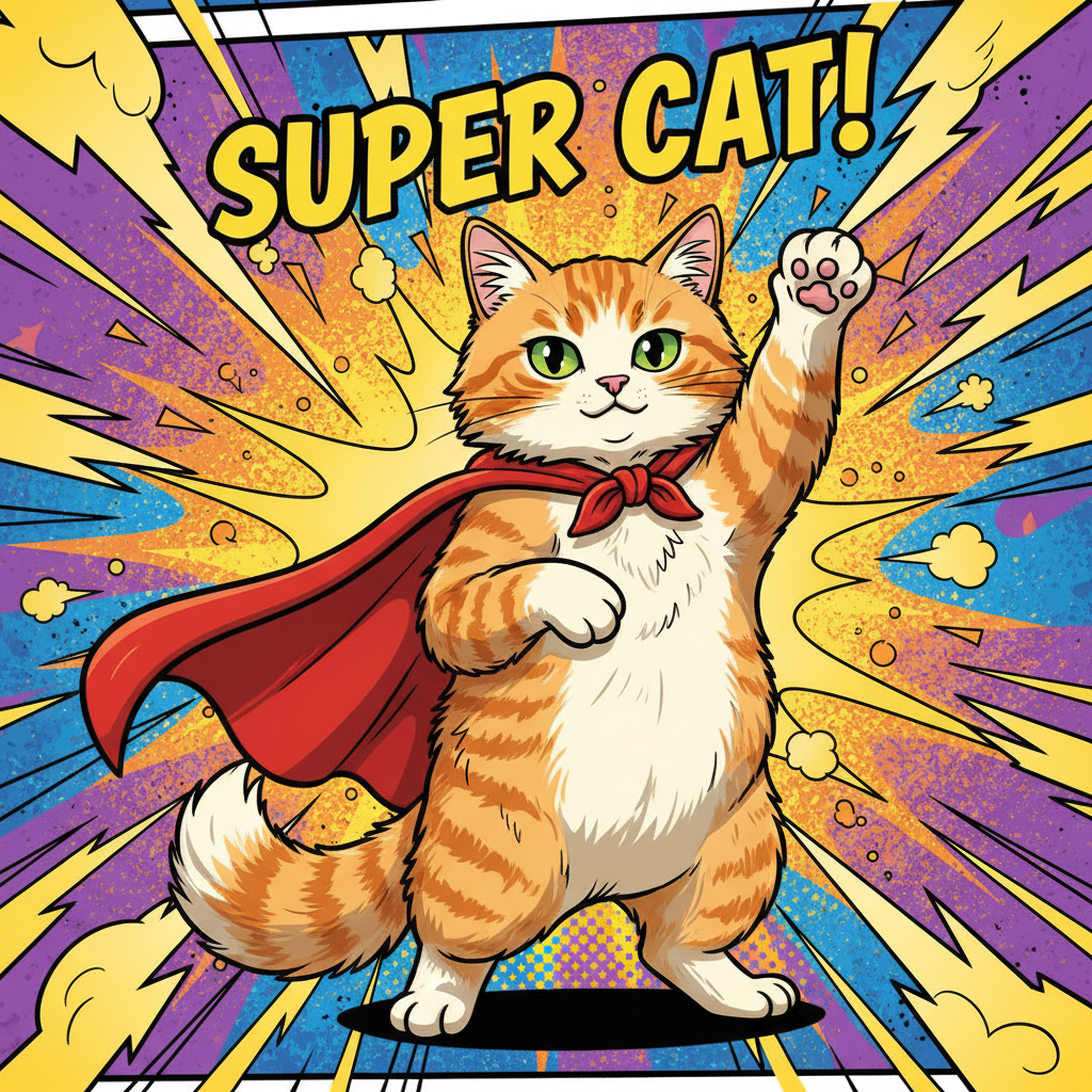 Cat in a superhero cape striking a heroic pose