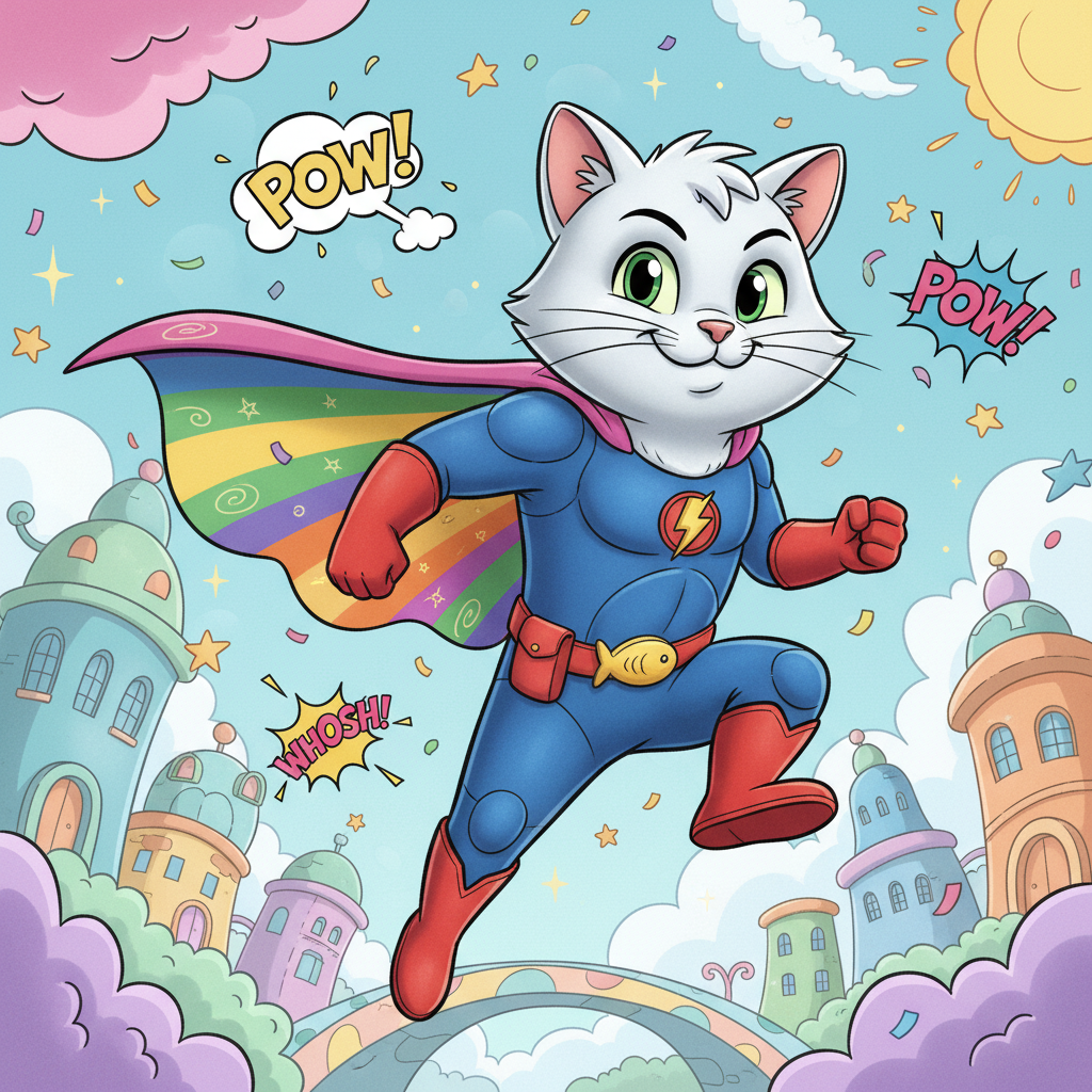 Cat dressed as a superhero with a cape
