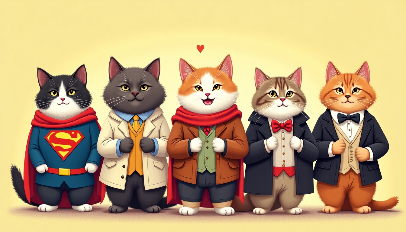 Whimsical illustration of cats in superhero, historical, and office costumes, colorful and playful style