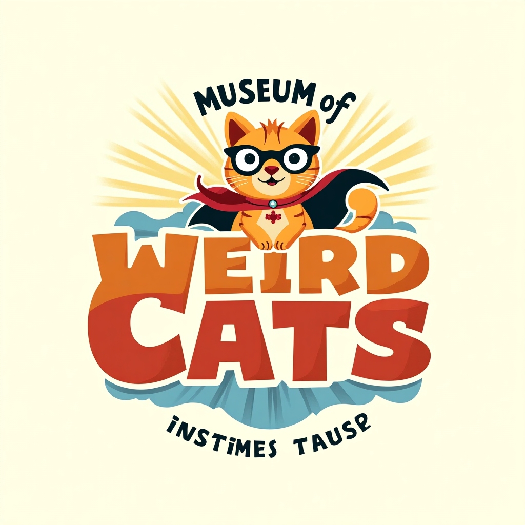 Museum of Weird Cats logo: cartoon cat in superhero cape wordmark