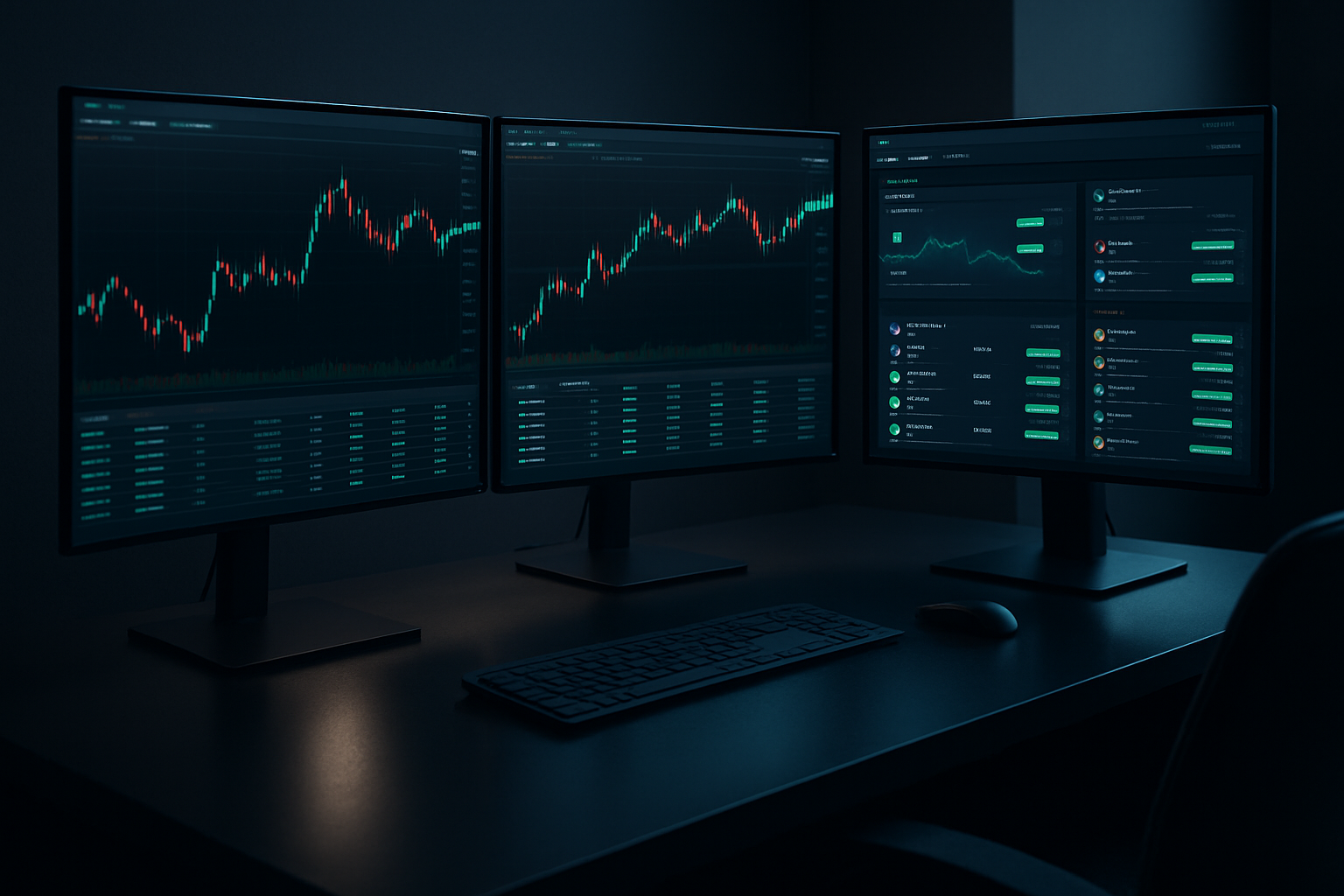 Sophisticated trading desk scene with multi-screen market interface in a dark modern office