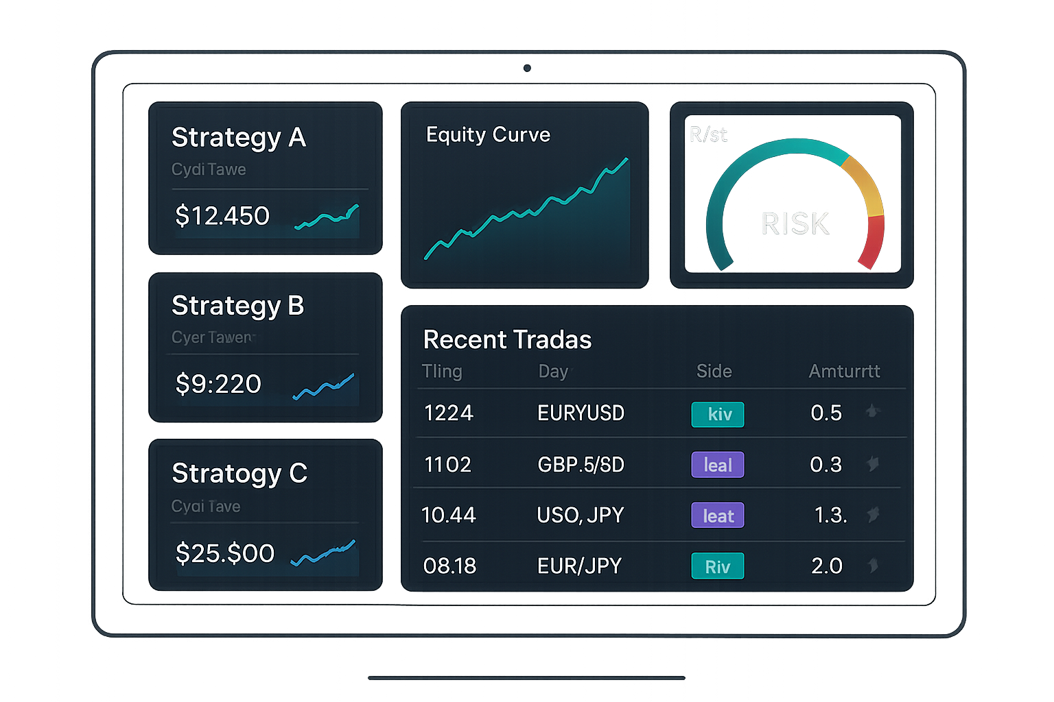 Sleek dark trading dashboard showing copied strategy performance, risk meter, and recent mirrored positions