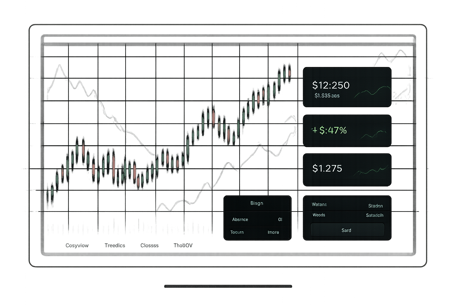 Polished dark fintech trading interface with emerald-accent charts, order panels, and subtle abstract market motion graphics
