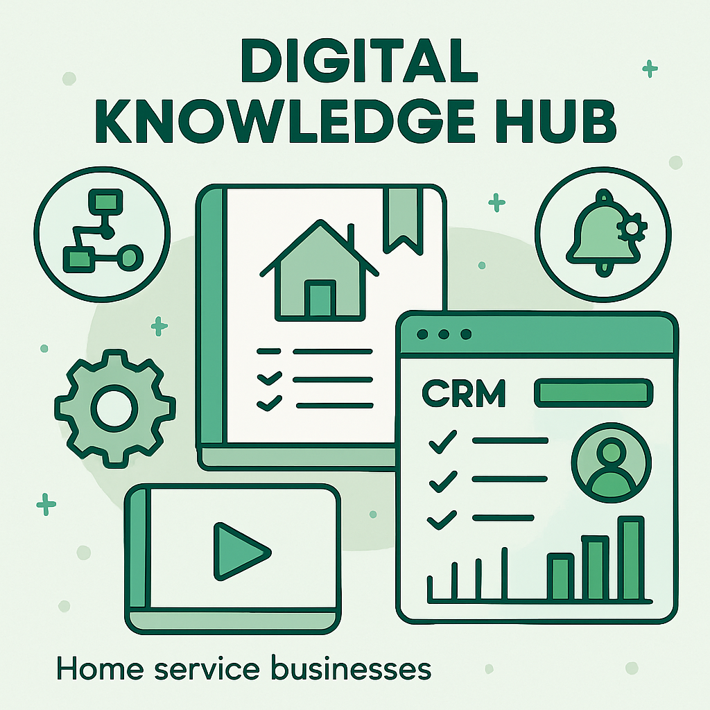 LEAD MATRIX LLC Knowledge Hub illustration showing digital automation tools, guides, and CRM screens