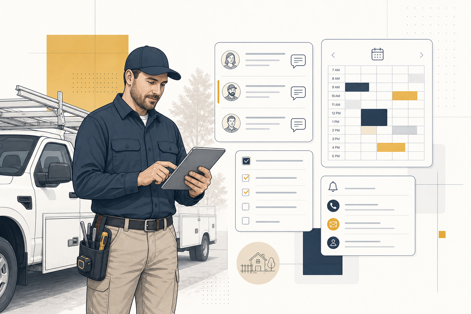 Line-art style illustration of a field-service owner reviewing a daily schedule while organized client messages, tasks, and workflow boards support operations in the background