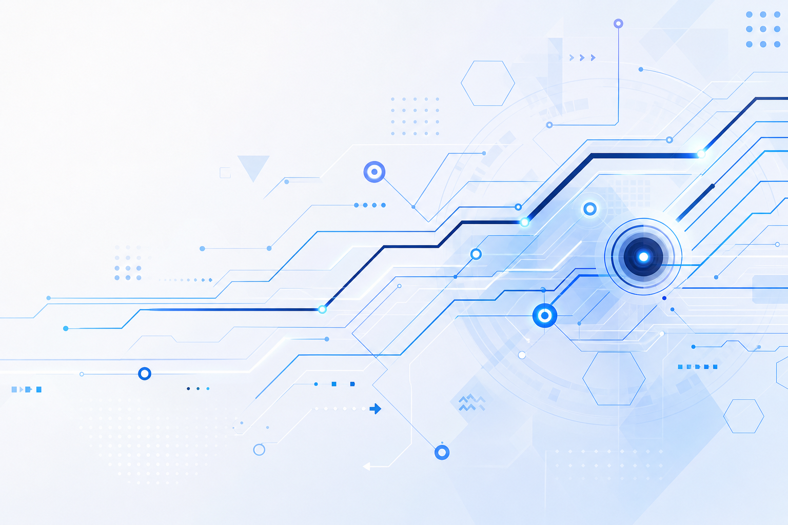 Futuristic abstract illustration of interconnected blue circuits and geometric nodes representing digital innovation