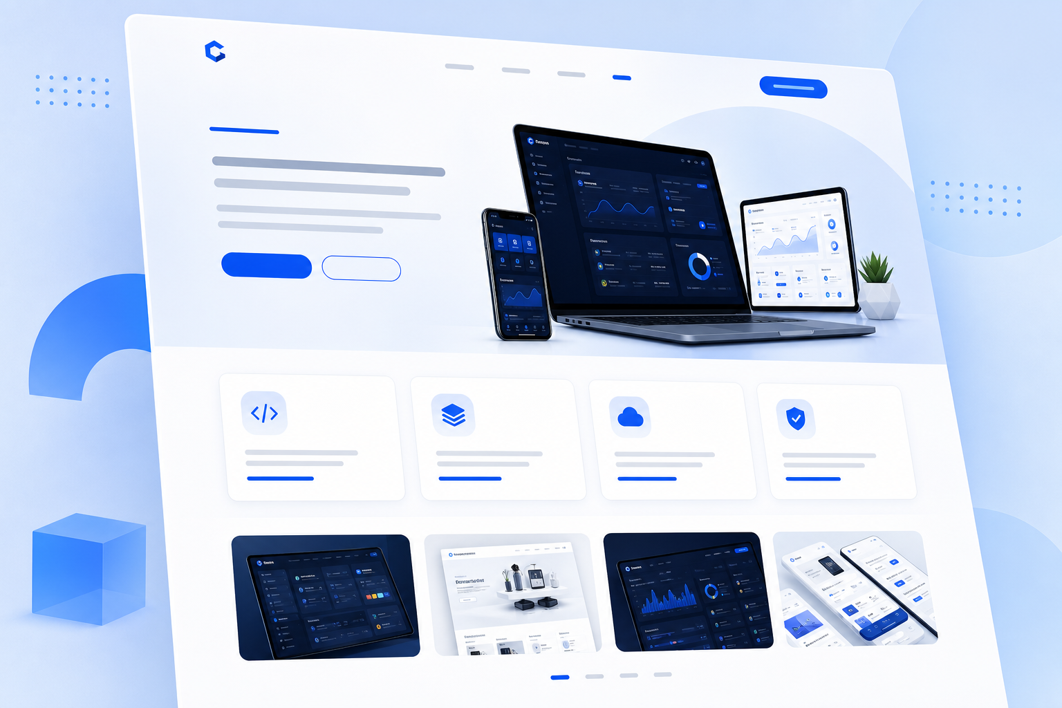 Modern corporate website homepage featuring large hero banner, product grid, and blue accent highlights