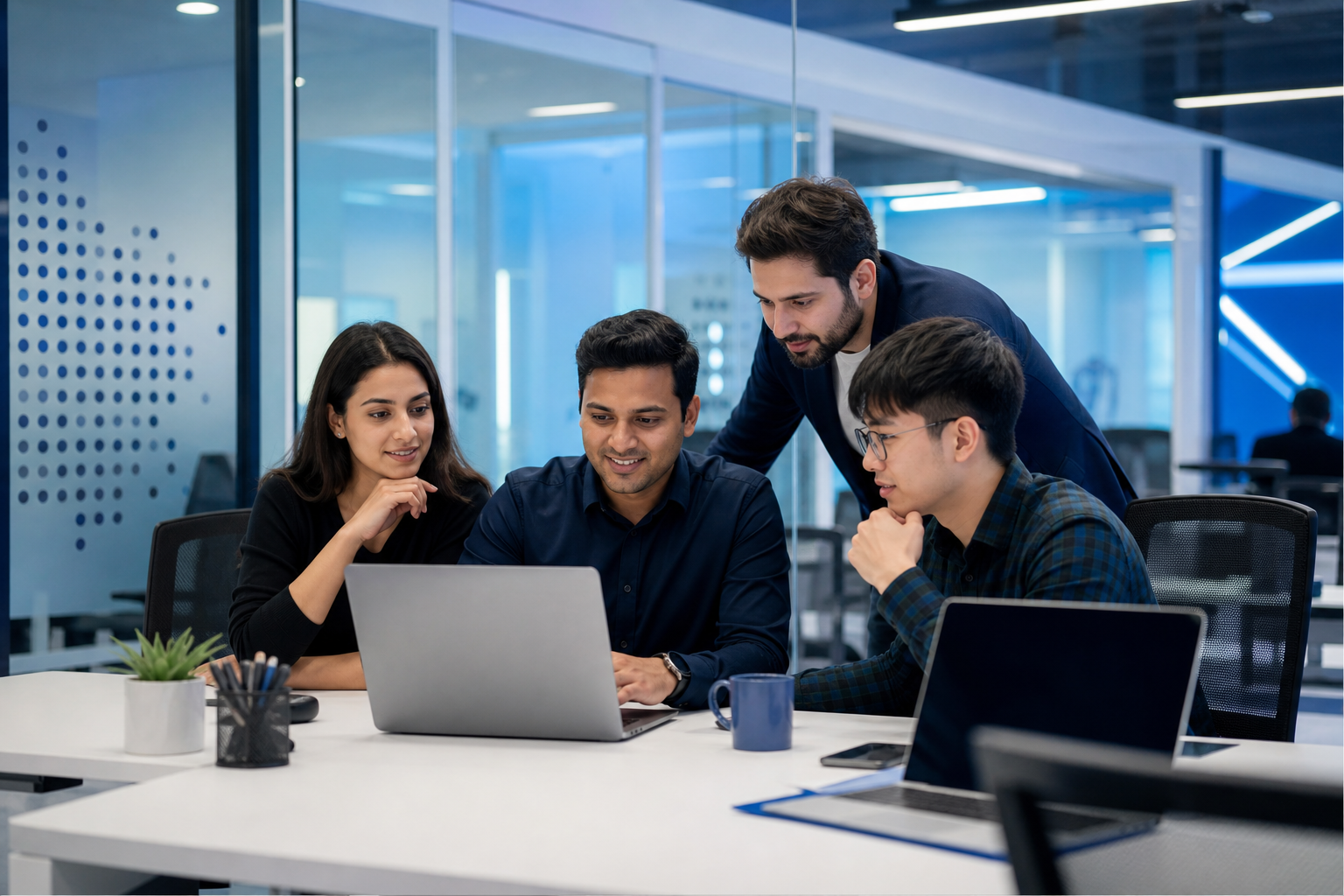 A diverse team of software professionals collaborating around laptops in a modern studio