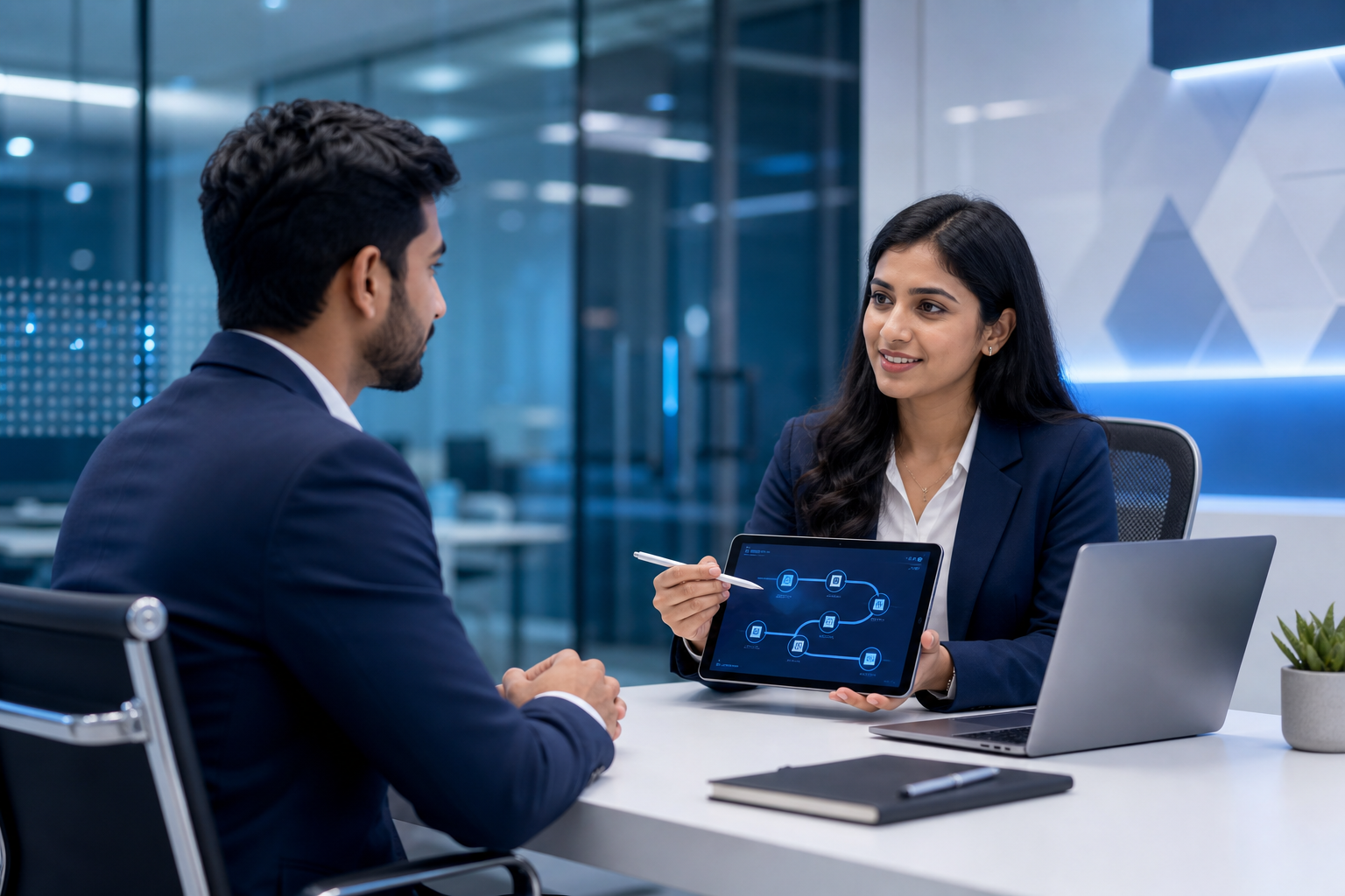 A modern hiring session with a recruiter and candidate reviewing a digital roadmap in a glass-walled office