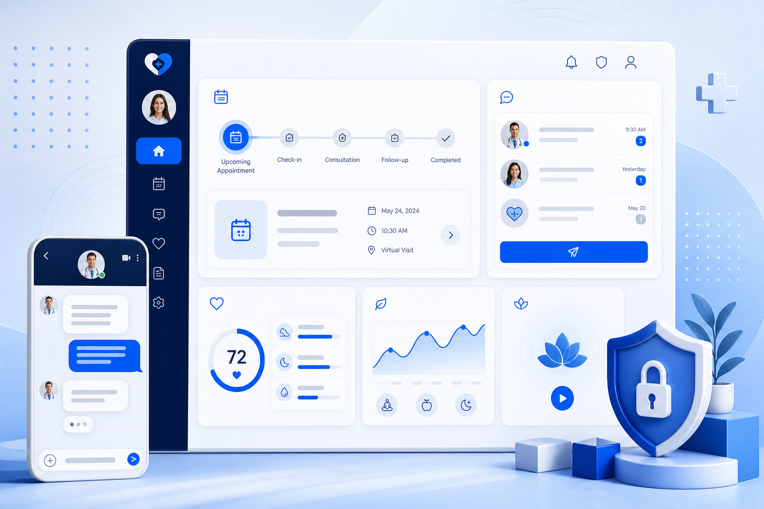 Patient portal web app with appointment timeline, chat module, and wellness insights