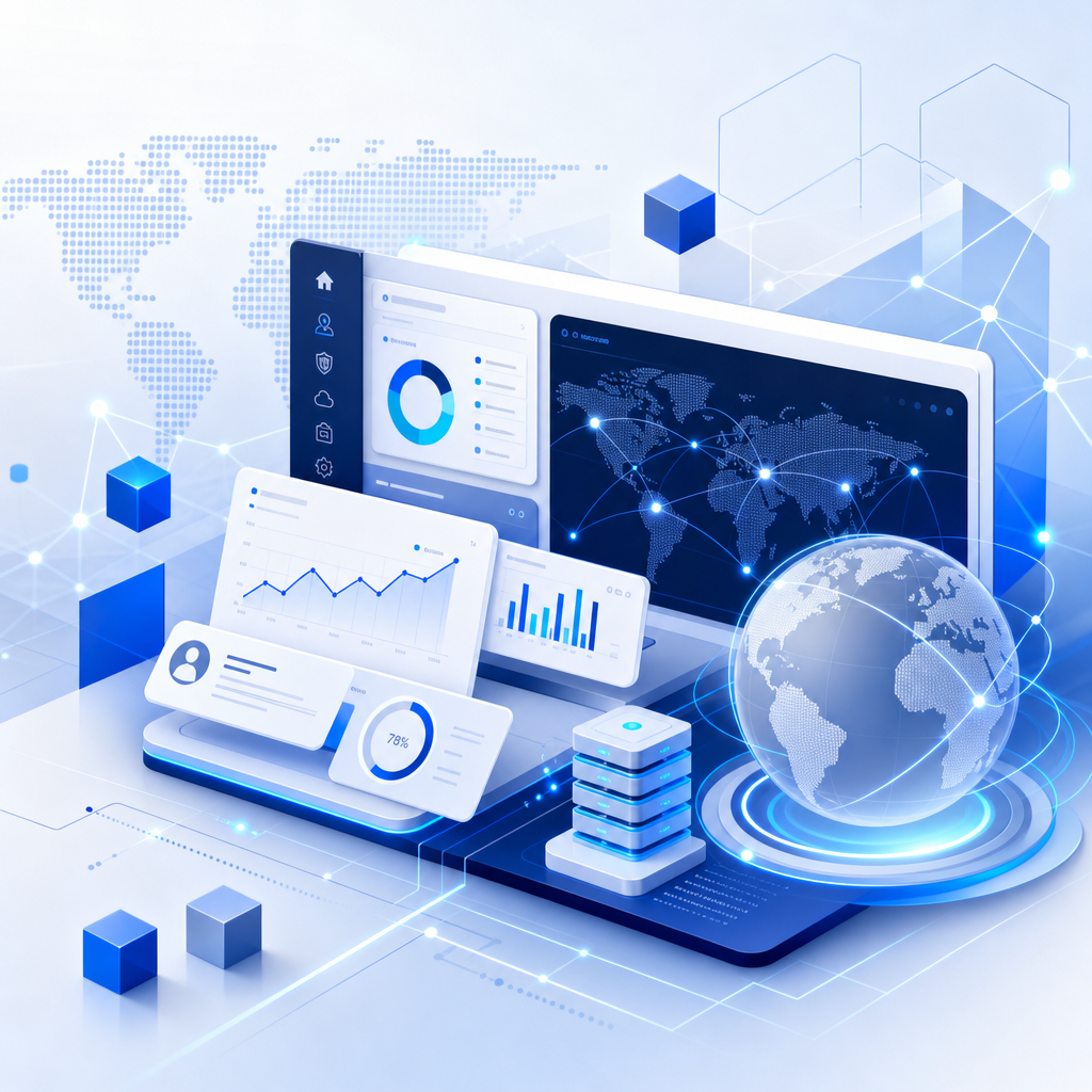Futuristic illustration of a global technology platform with layered dashboards, glowing network nodes, and geometric blue accents