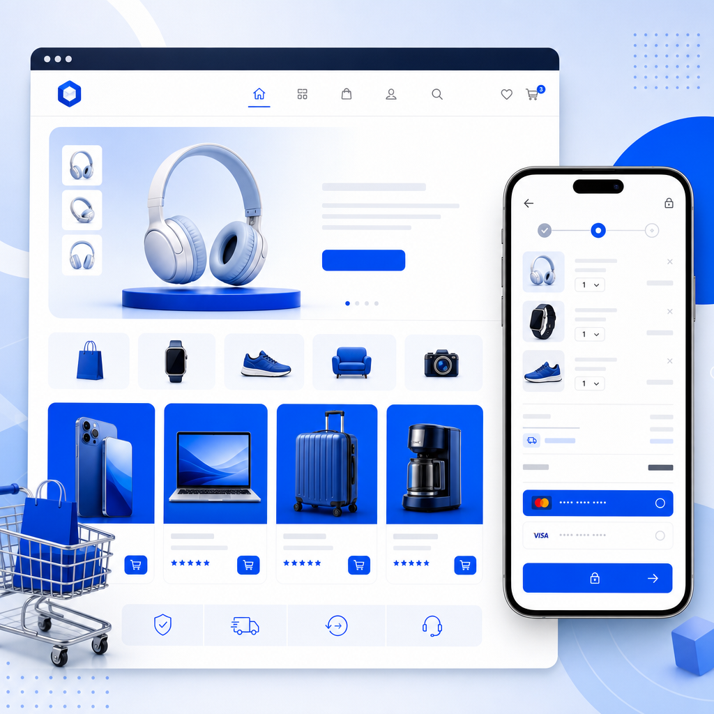 E-commerce storefront with clean white layout, electric blue product cards, and responsive checkout preview