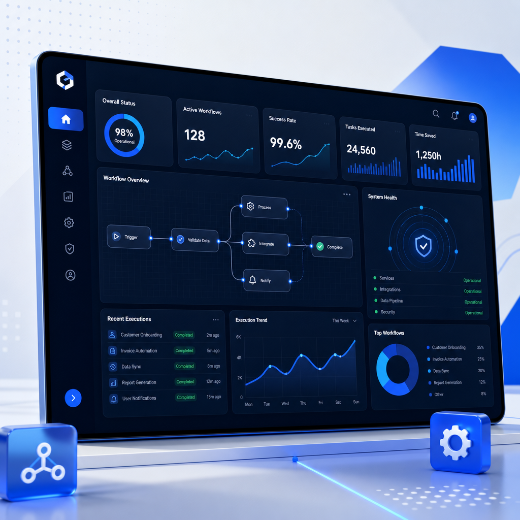 Automation control center with dark navy tiles, electric blue status indicators, and workflow charts
