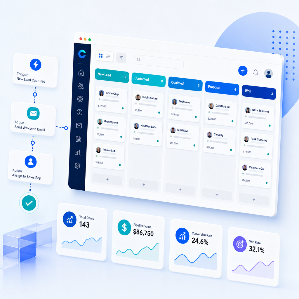 CRM workflow board with teal pipeline stages, automation triggers, and performance highlights