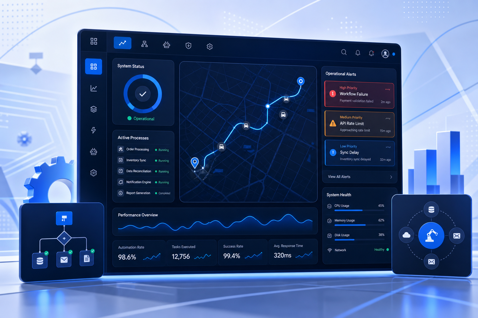 Automation control center UI with route maps, status indicators, and operational alerts
