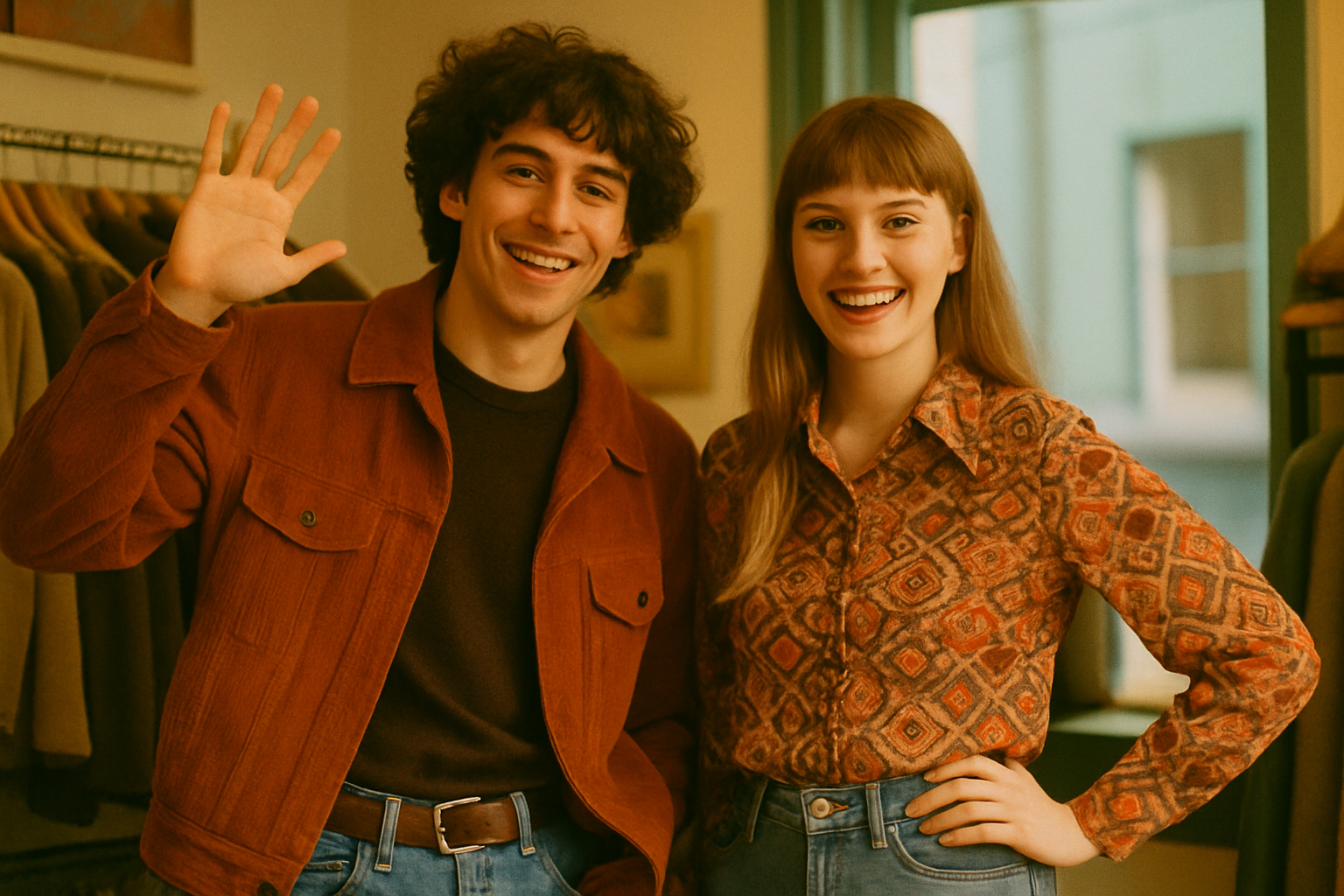 Warm film-style portrait of shoppers wearing authentic 70s and 80s vintage outfits