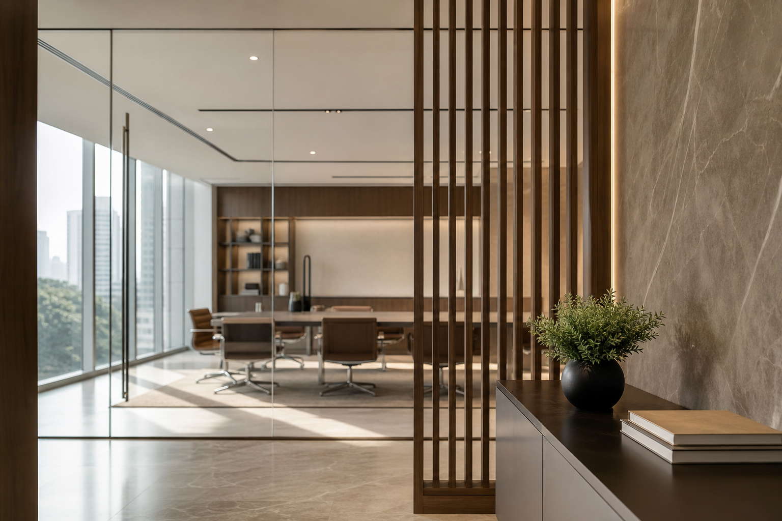 Detalhe arquitetônico de escritório corporativo premium com linhas modernas e iluminação natural suave