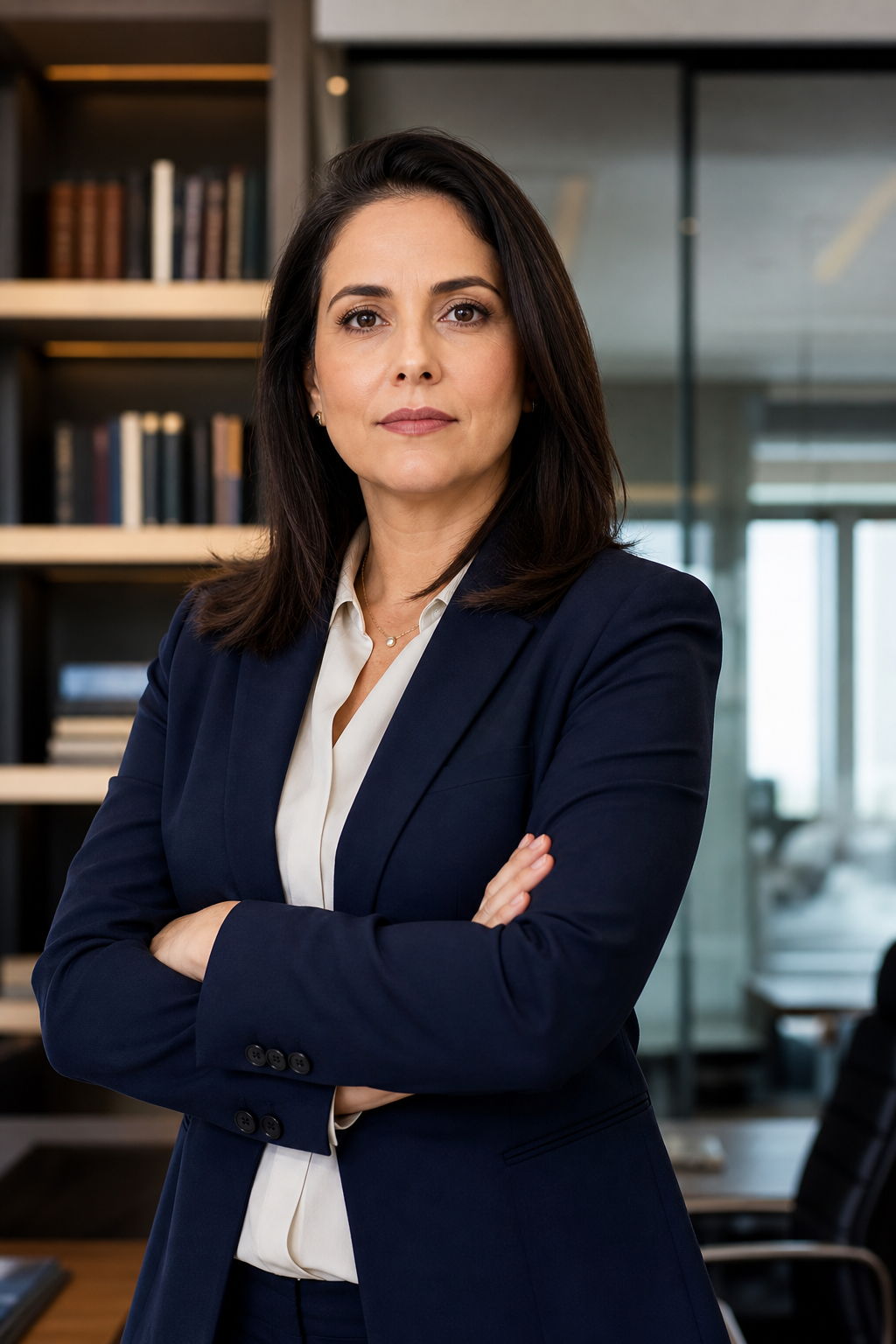 Retrato executivo feminino profissional em ambiente corporativo sofisticado