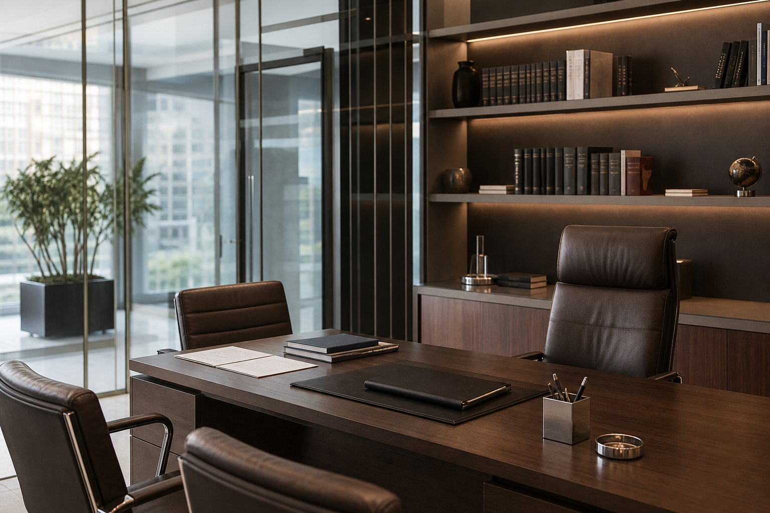 Ambiente corporativo jurídico brasileiro contemporâneo com mesa executiva de madeira escura, cadeiras de couro, arquitetura sofisticada e luz natural suave