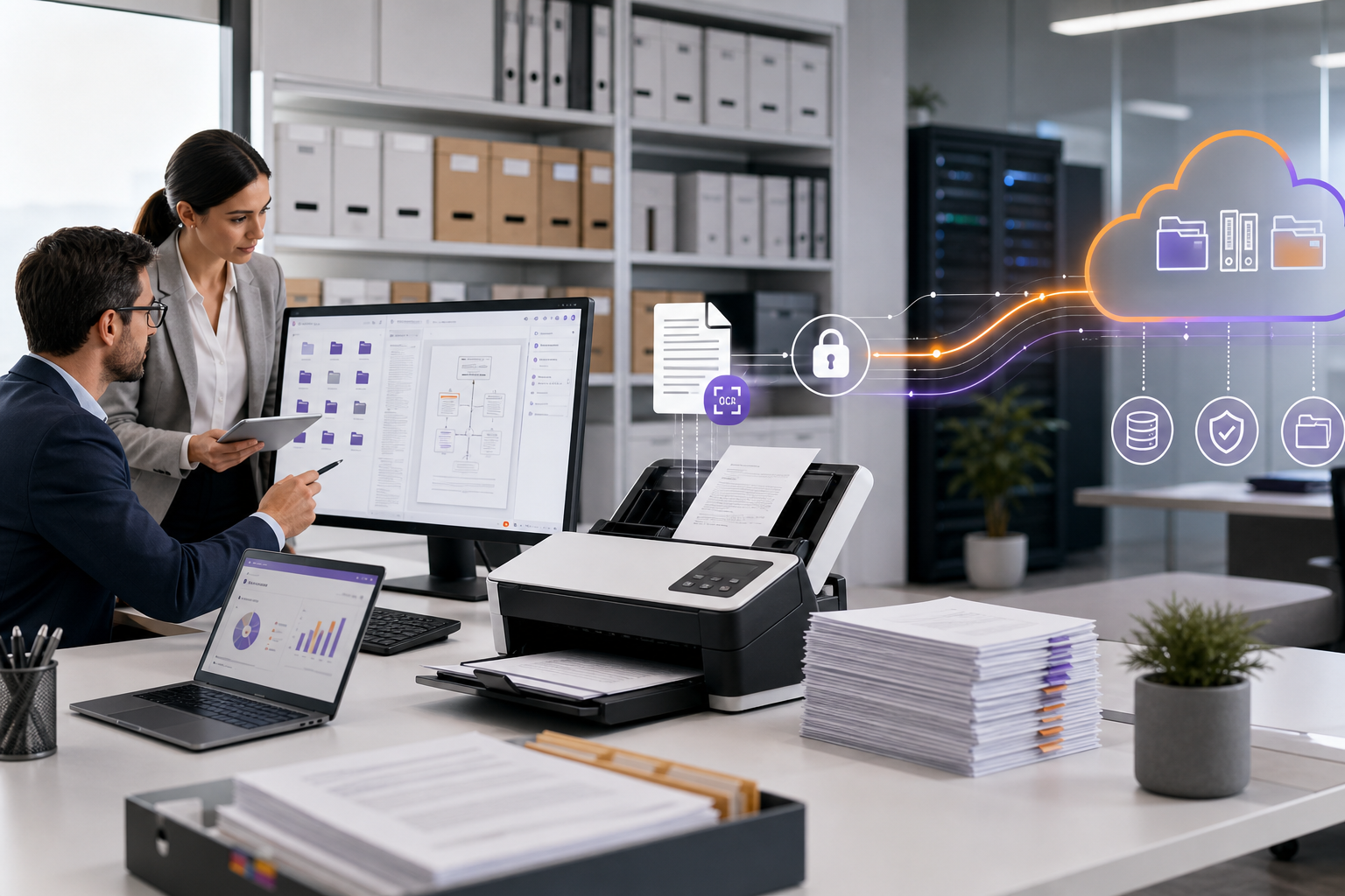Corporate team supervising an orderly document digitization workflow with connected files, OCR scanning stations, secure cloud transfer lines, and organized archive shelves in a modern office