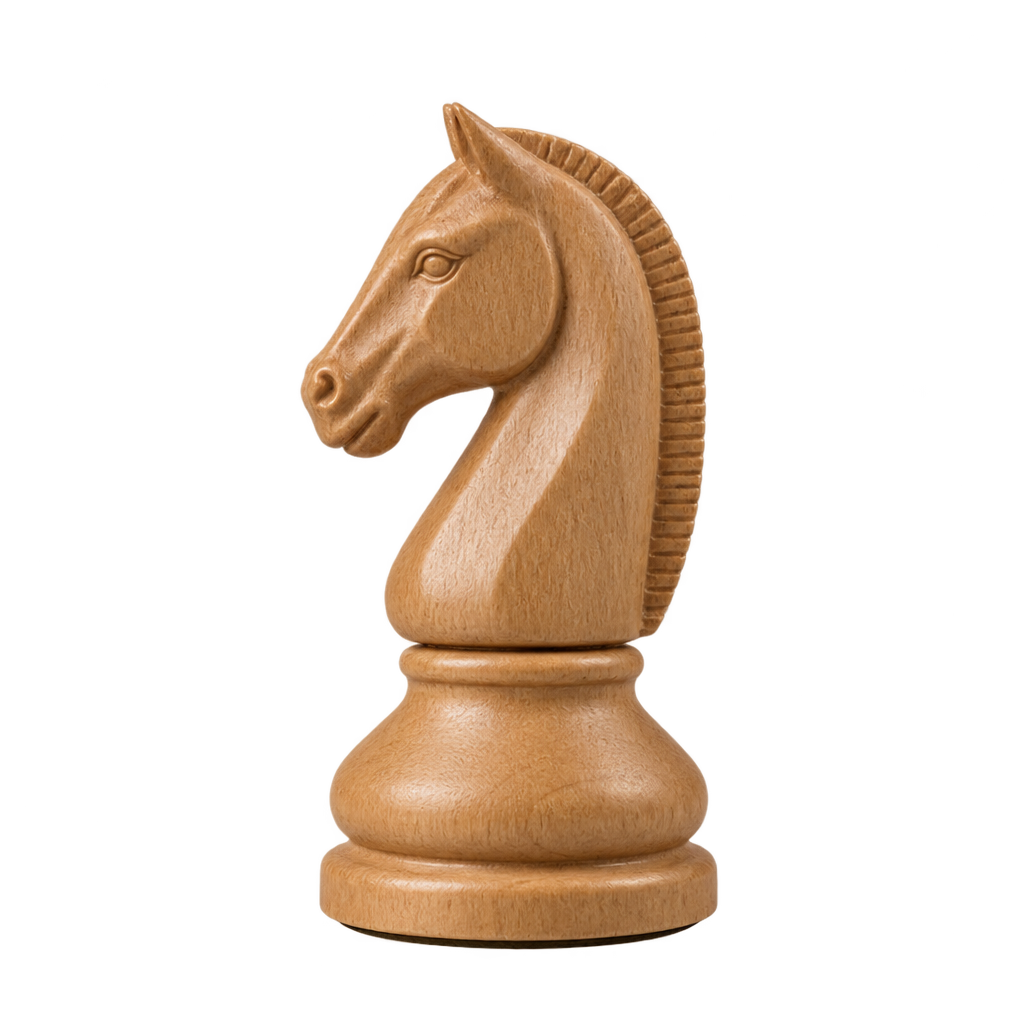 Açık bal-meşe (Light Honey Oak) tonunda, ana rengi #D5A06D olan, sıcak altın karamel yansımalı, yumuşak doğal ışık ve nazik gerçekçi gölgelere sahip, yarı mat saten dokulu, doğal oranları korunmuş gerçekçi 3D ahşap at satranç taşı; şeffaf arka plan