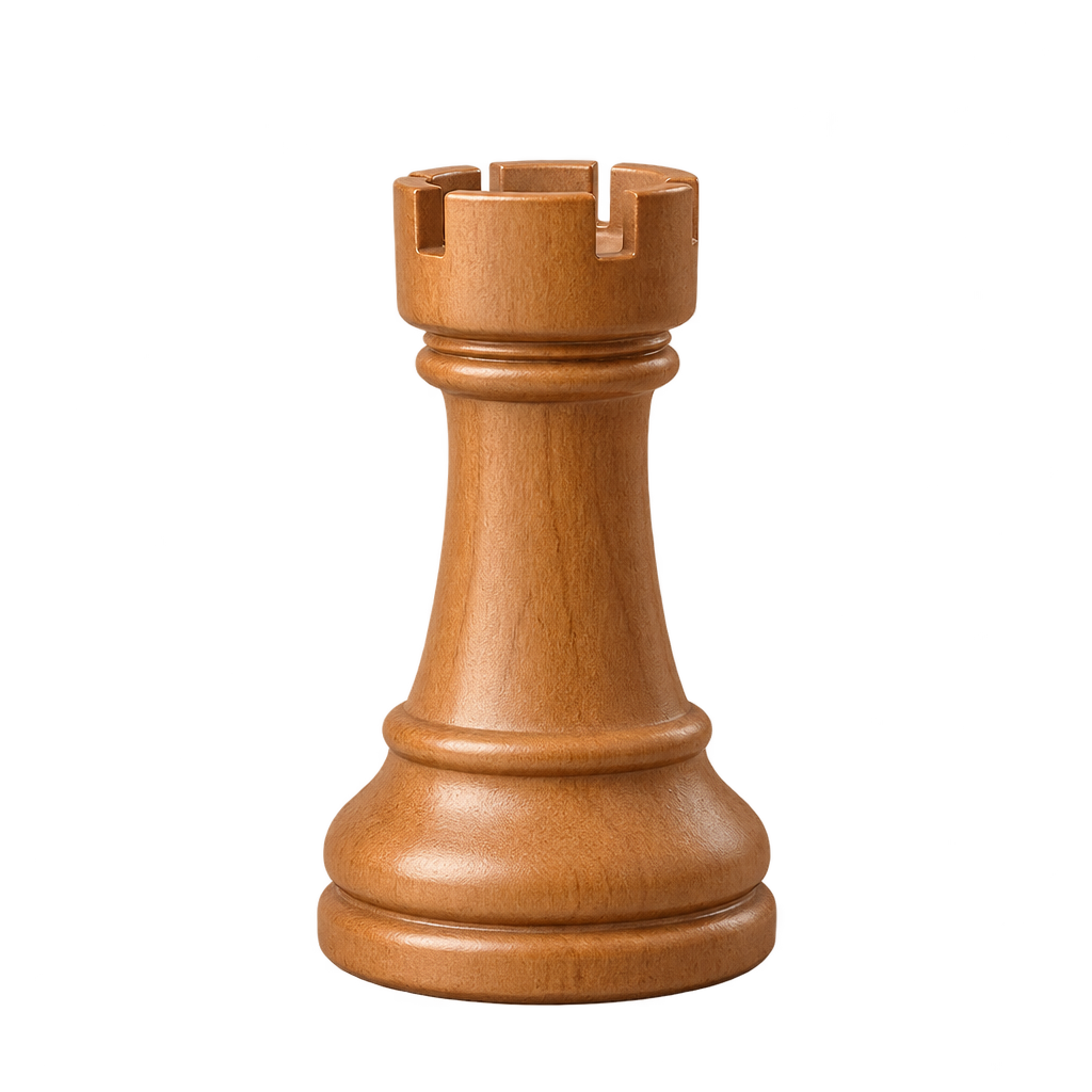 Fotogerçekçi, güçlü formda Staunton kale; ana ton tam #D0925F honey-oak, yumuşak üst yüzey ışıkları #DEA881, derinlik veren oyuk gölgeleri #BC7F53; tamamen şeffaf arka planlı (arka plan rengi veya dikdörtgen alan içermeyen), metalik olmayan ve plastik görünmeyen doğal saten cilalı ahşap gerçekçiliği