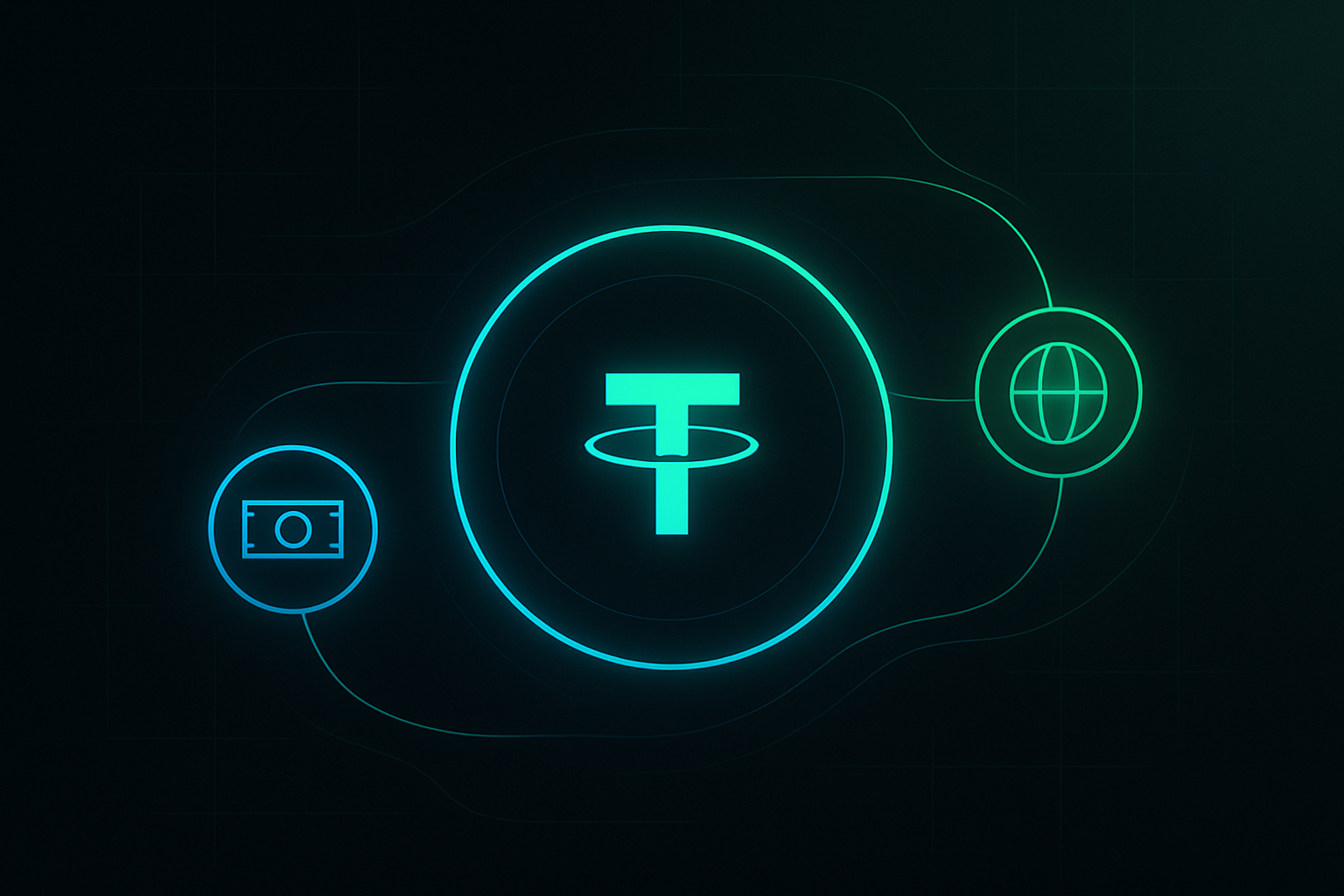 Abstract crypto-inspired dashboard with glowing rings and secure transfer lines