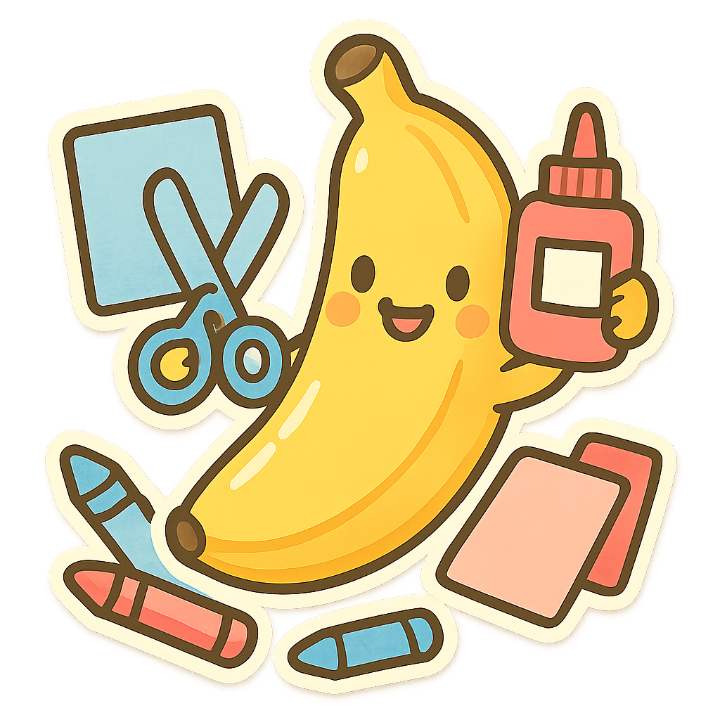 Cartoon banana with scissors and glue, representing crafts and activities