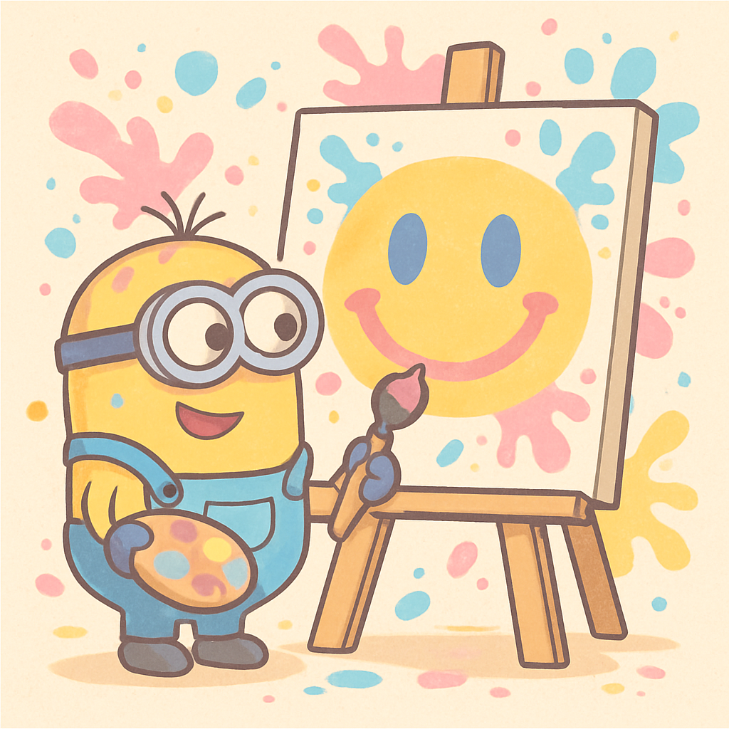 Minion painting a giant smiley face on an easel with colorful splashes