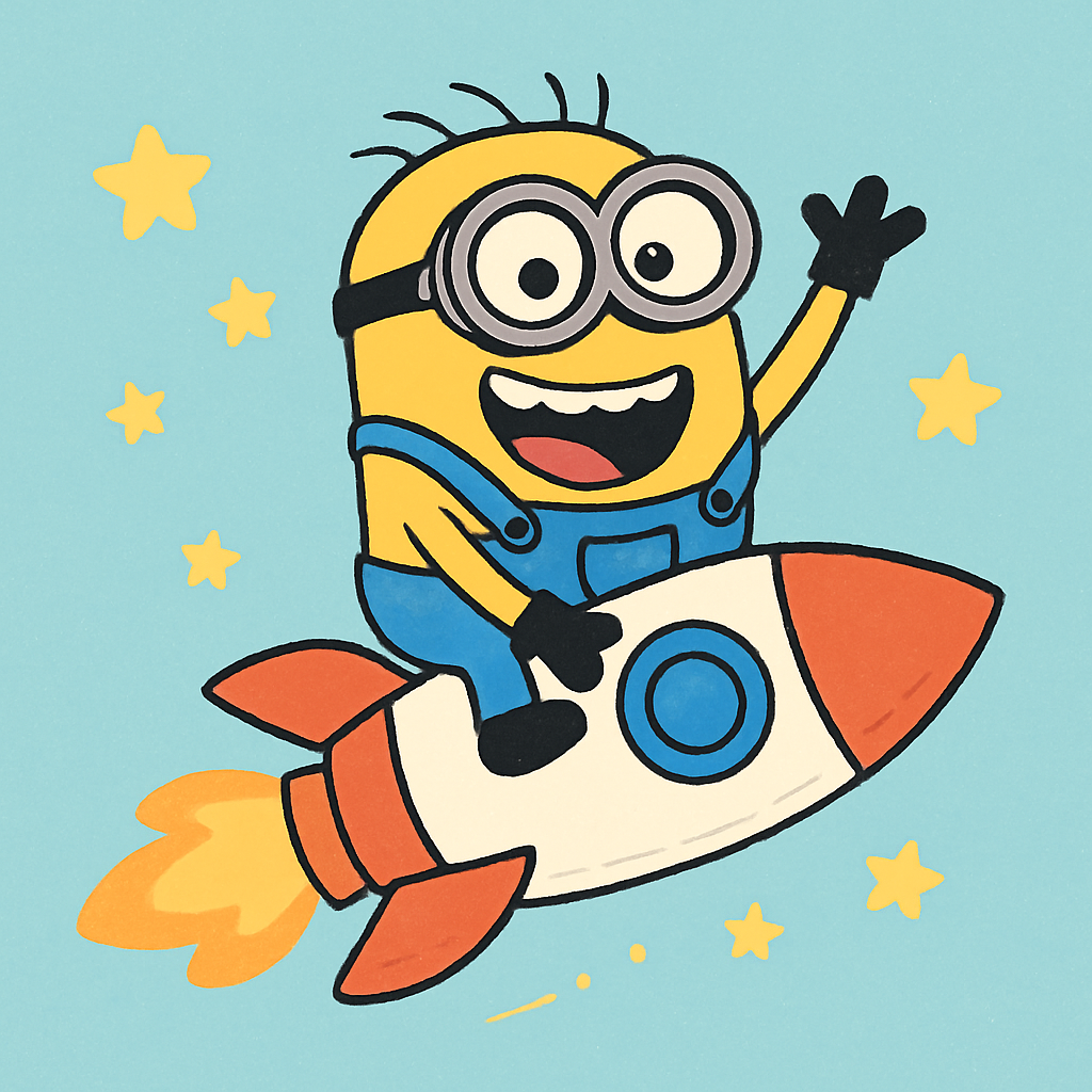 Minion riding a cartoon rocket through the sky