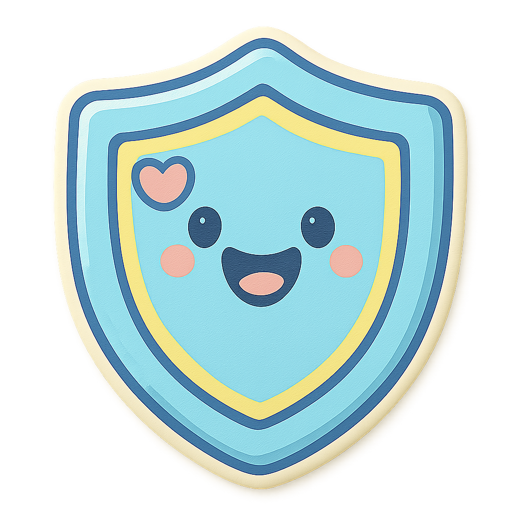 Friendly shield icon with a smile, symbolizing safety